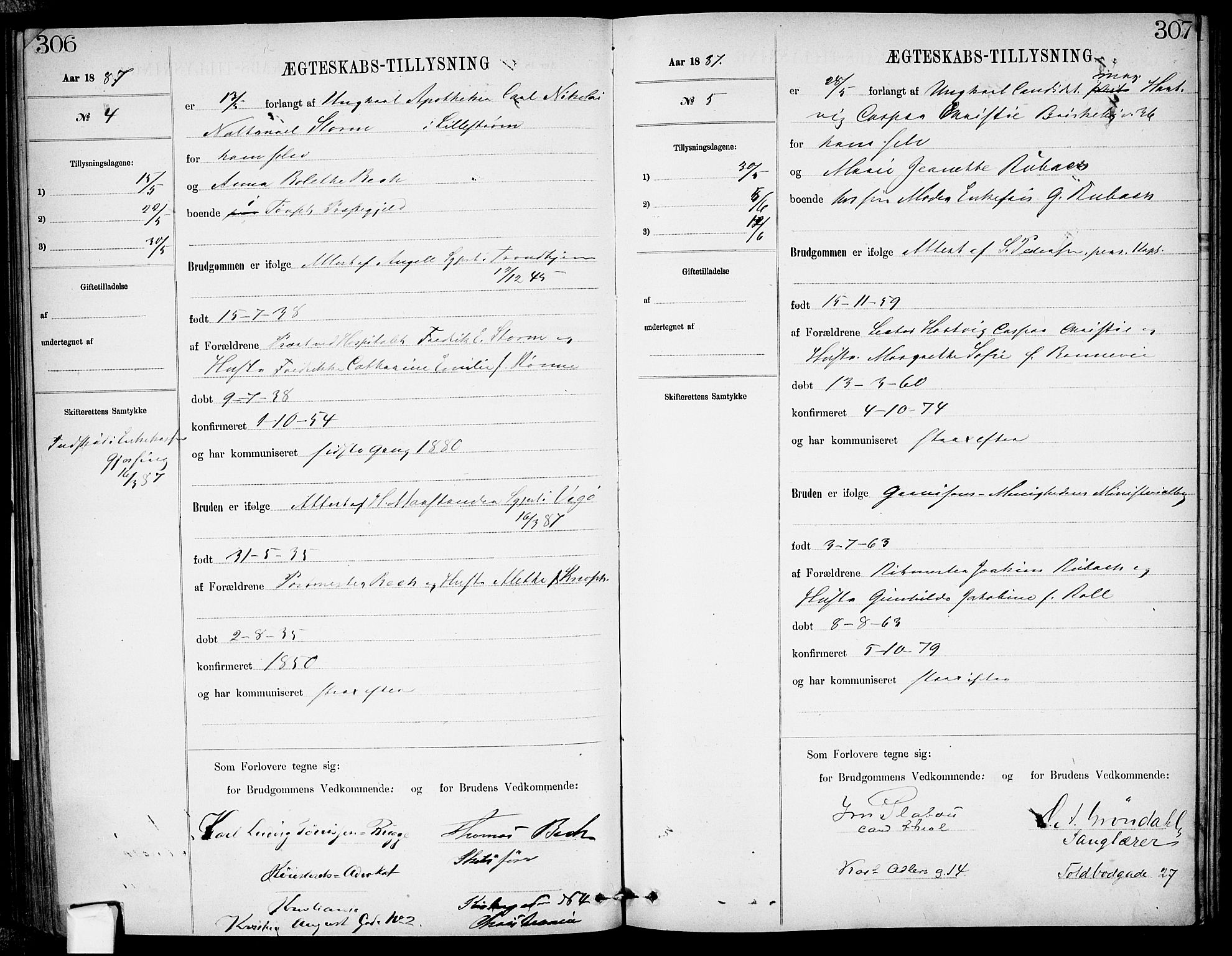 Garnisonsmenigheten Kirkebøker, AV/SAO-A-10846/H/Ha/L0007: Lysningsprotokoll nr. I 7, 1872-1893, s. 306-307