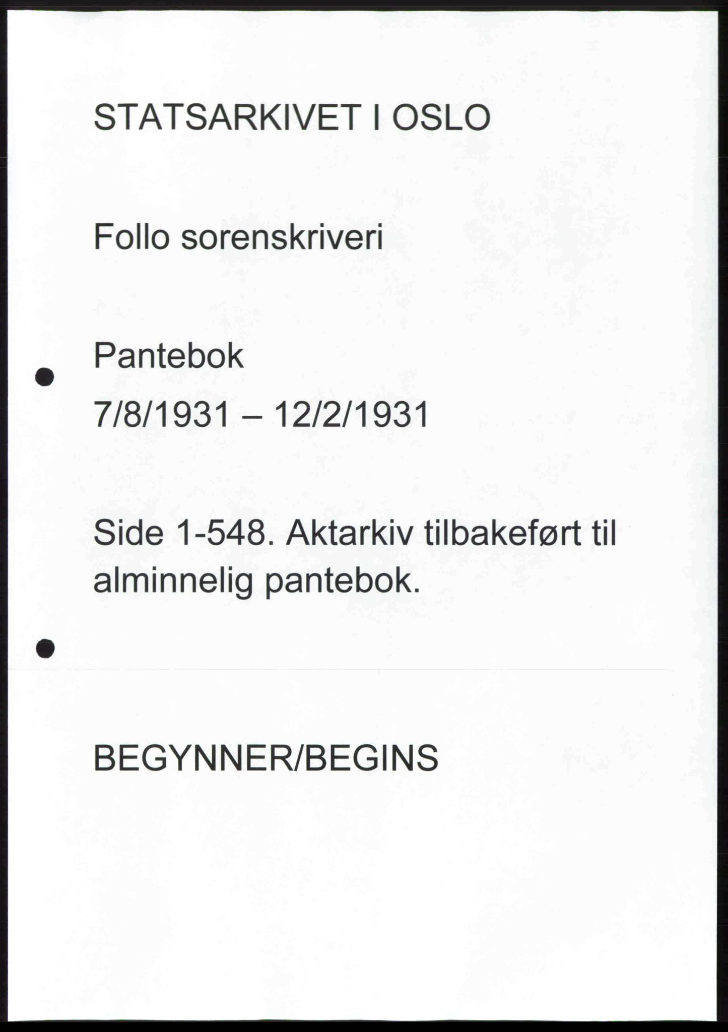 Follo sorenskriveri, AV/SAO-A-10274/G/Ga/Gaa/L0045: Pantebok nr. I 45, 1931-1931