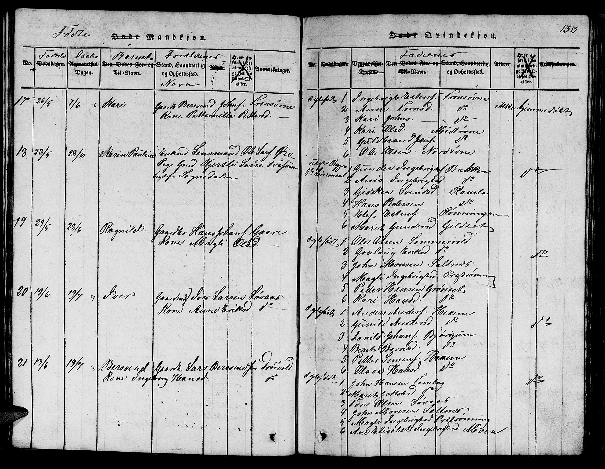 Ministerialprotokoller, klokkerbøker og fødselsregistre - Sør-Trøndelag, AV/SAT-A-1456/685/L0976: Klokkerbok nr. 685C01, 1817-1878, s. 133