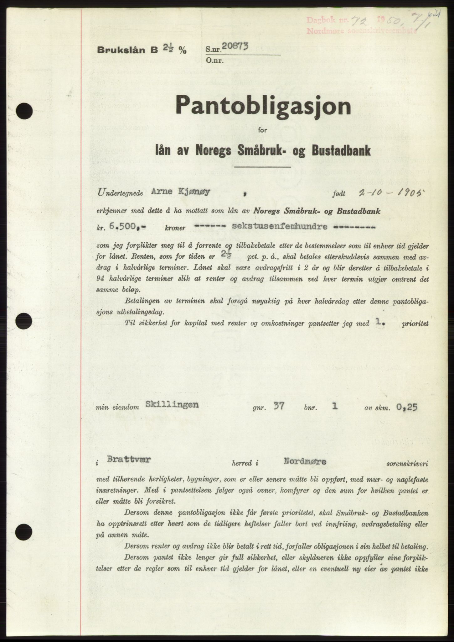 Nordmøre sorenskriveri, SAT/A-4132/1/2/2Ca: Pantebok nr. B103, 1949-1950, Dagboknr: 72/1950
