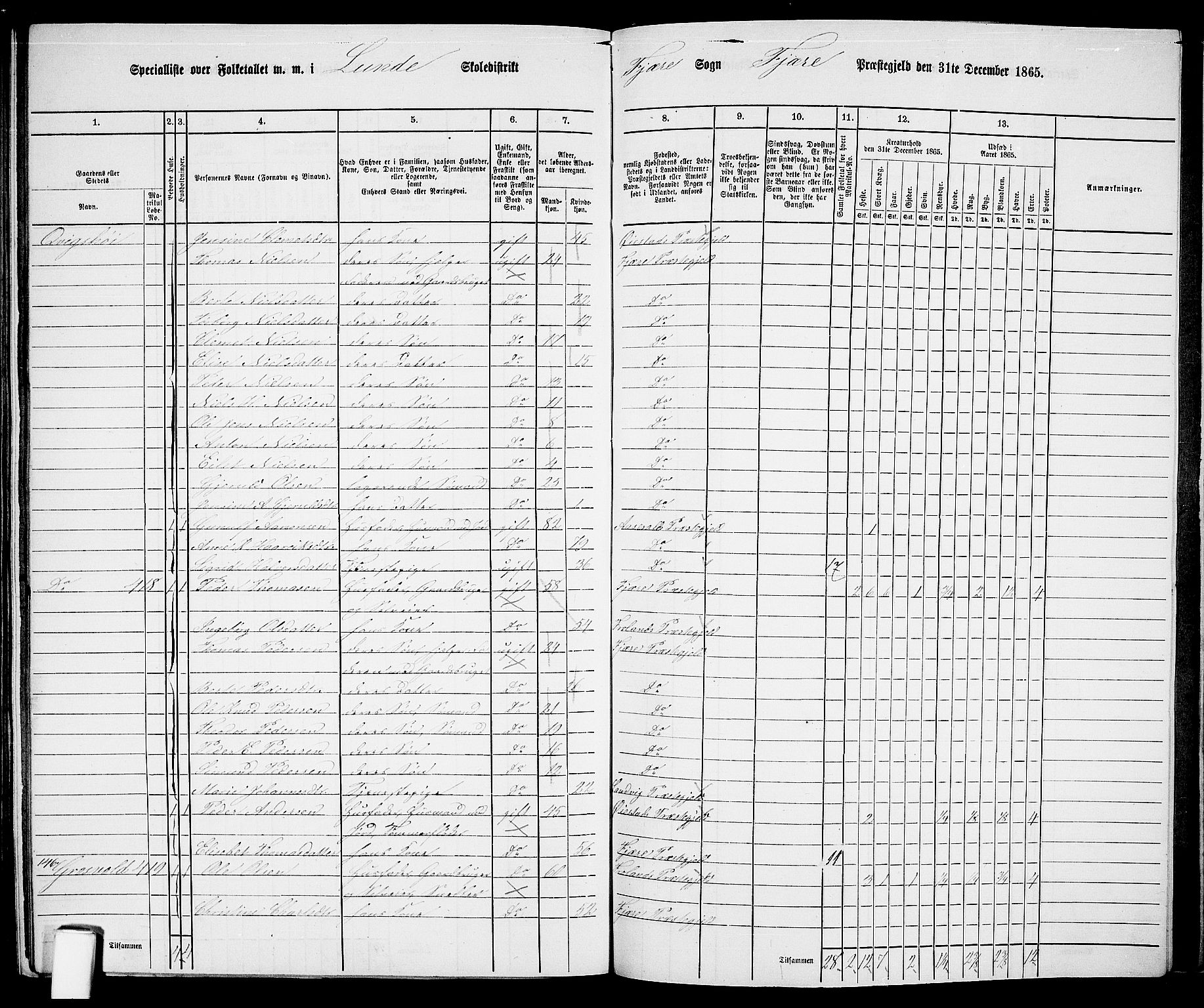 RA, Folketelling 1865 for 0923L Fjære prestegjeld, Fjære sokn, 1865, s. 164