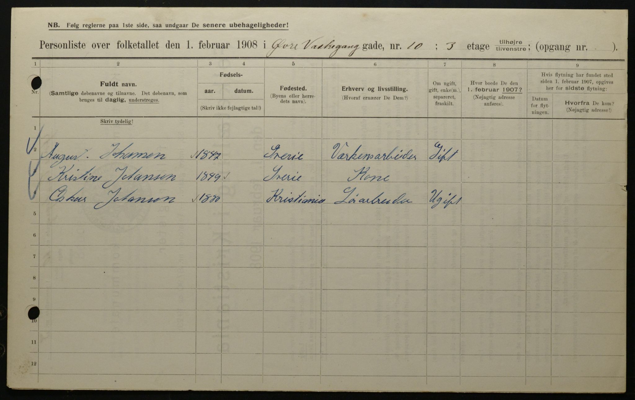 OBA, Kommunal folketelling 1.2.1908 for Kristiania kjøpstad, 1908, s. 116795