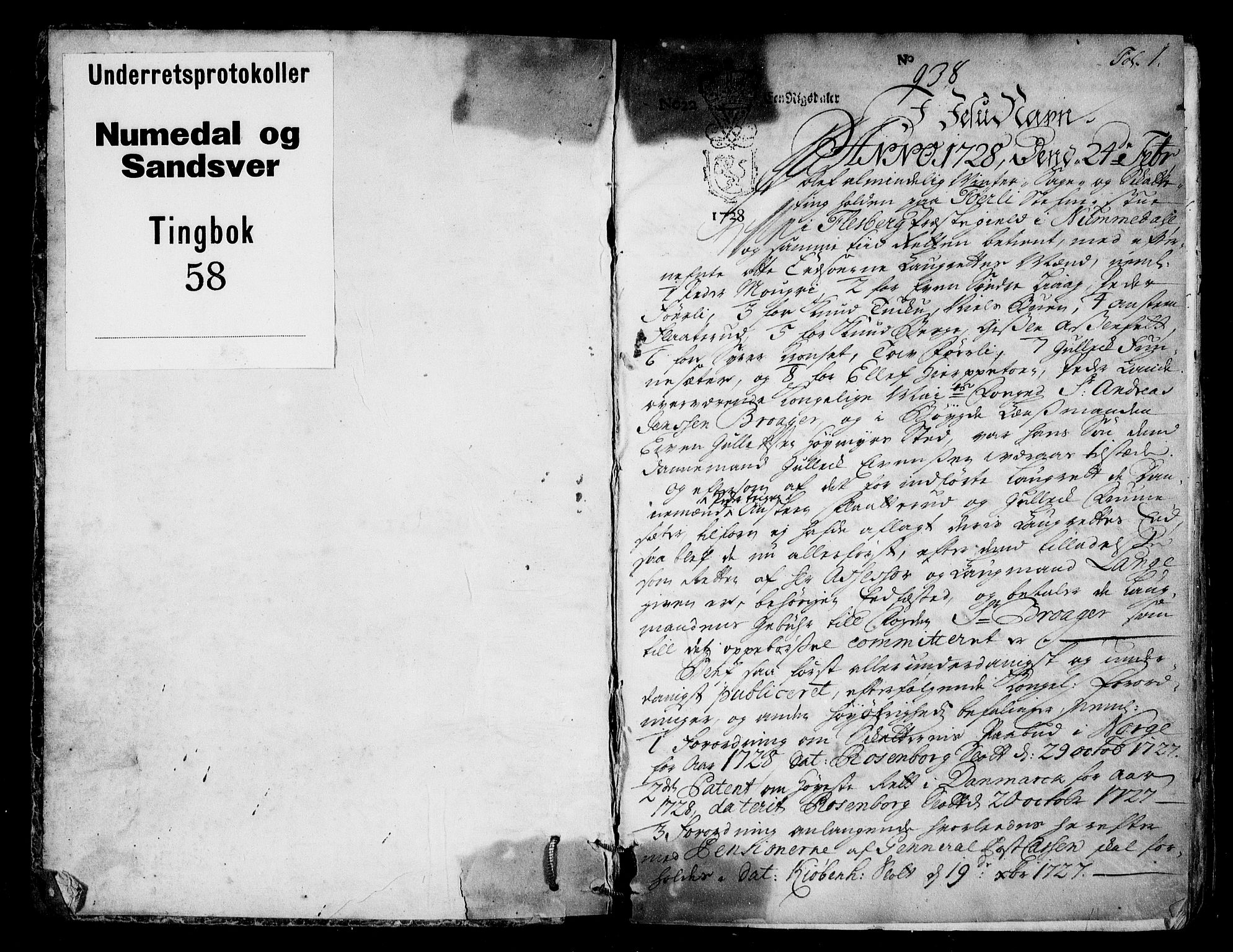 Numedal og Sandsvær sorenskriveri, AV/SAKO-A-128/F/Fa/Faa/L0058: Tingbok, 1728, s. 0b-1a