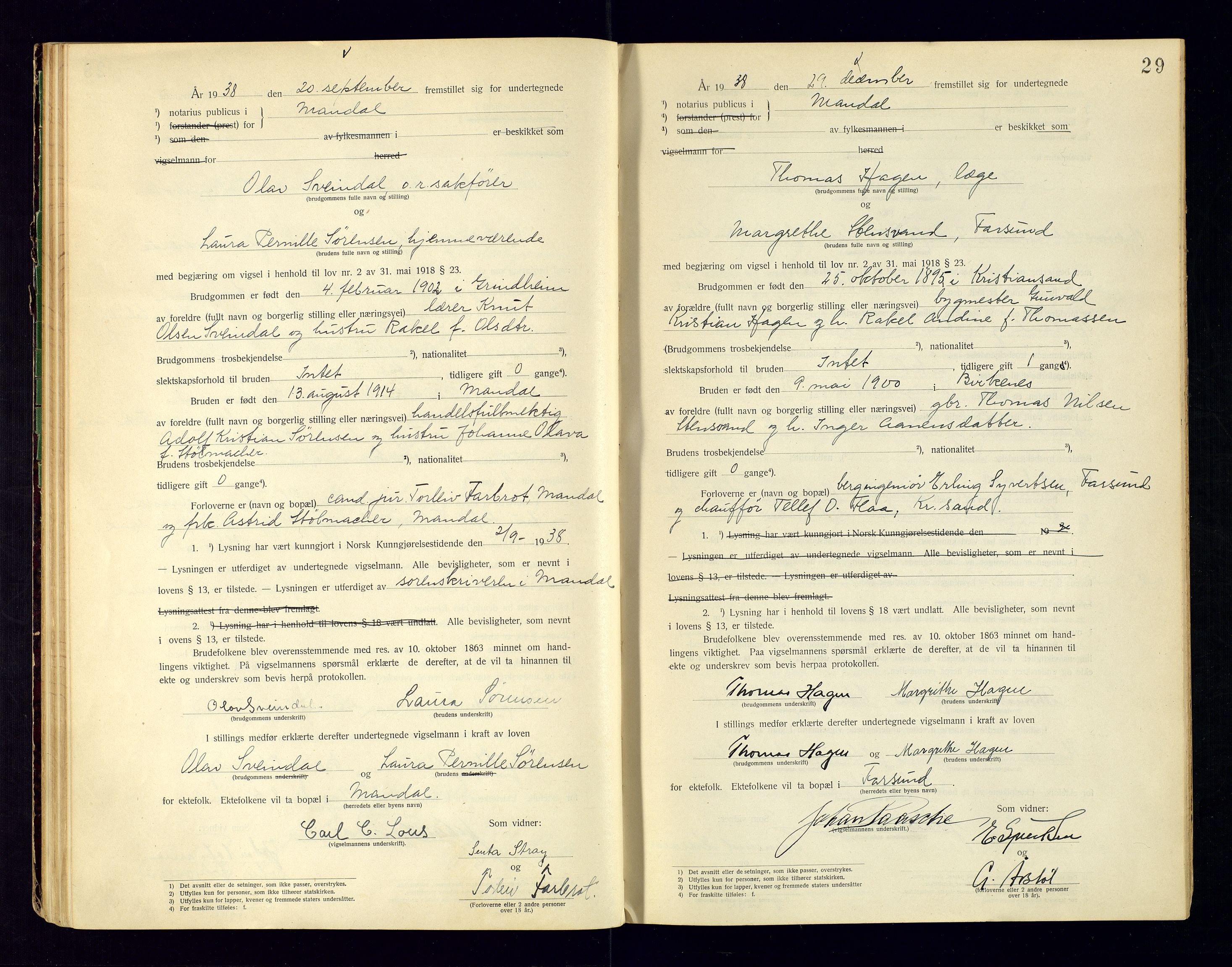 Mandal sorenskriveri, SAK/1221-0005/001/L/Ld/L0001: Vigselbok nr 1, 1920-1943, s. 29