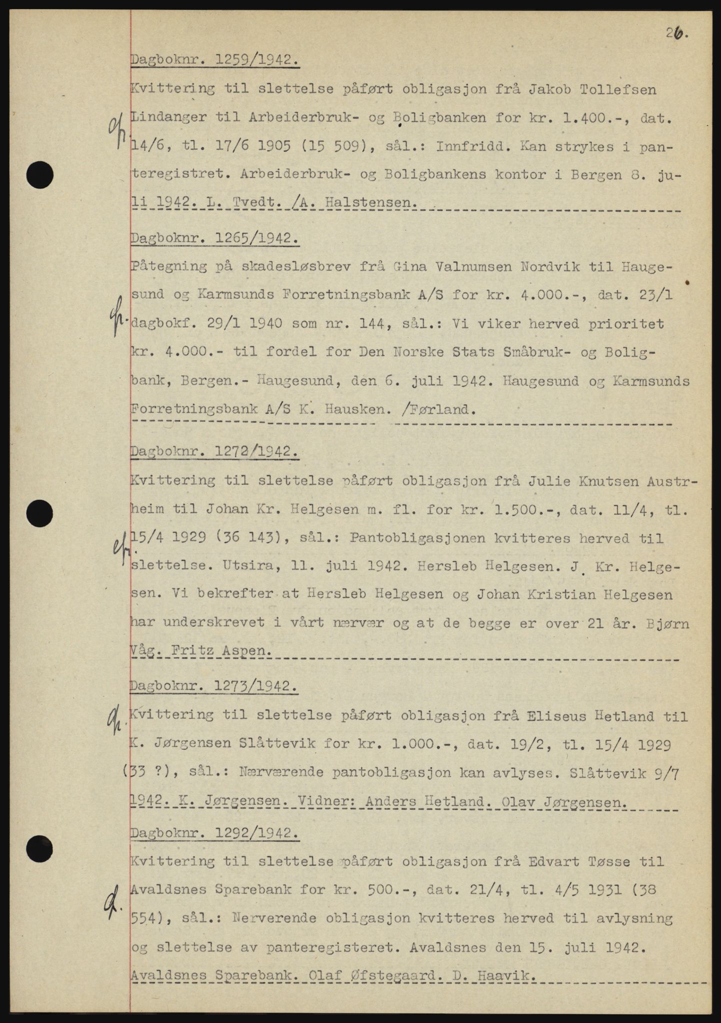 Karmsund sorenskriveri, SAST/A-100311/01/II/IIBBE/L0008: Pantebok nr. B 54, 1942-1943, Dagboknr: 1259/1942