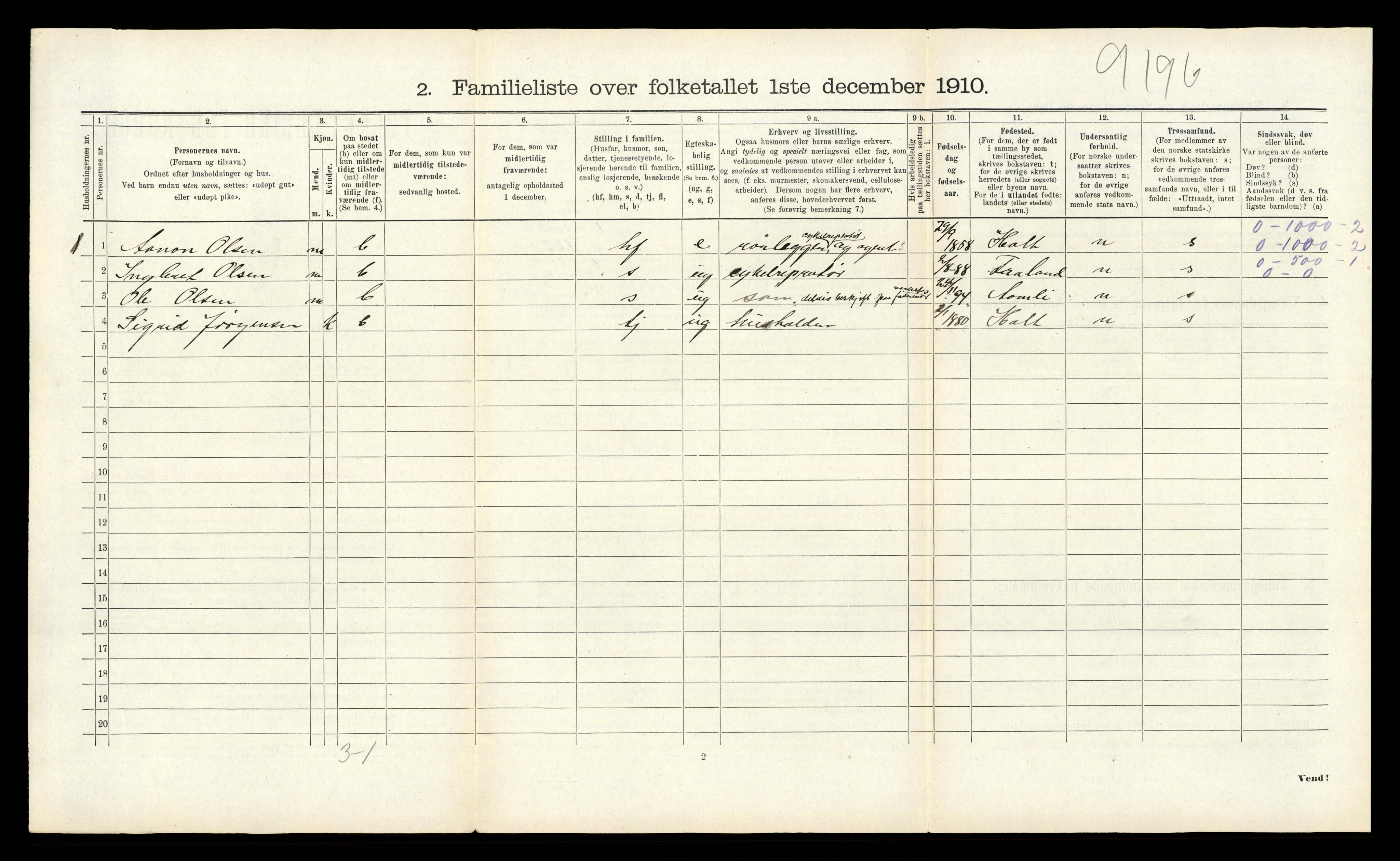 RA, Folketelling 1910 for 0902 Tvedestrand ladested, 1910, s. 586