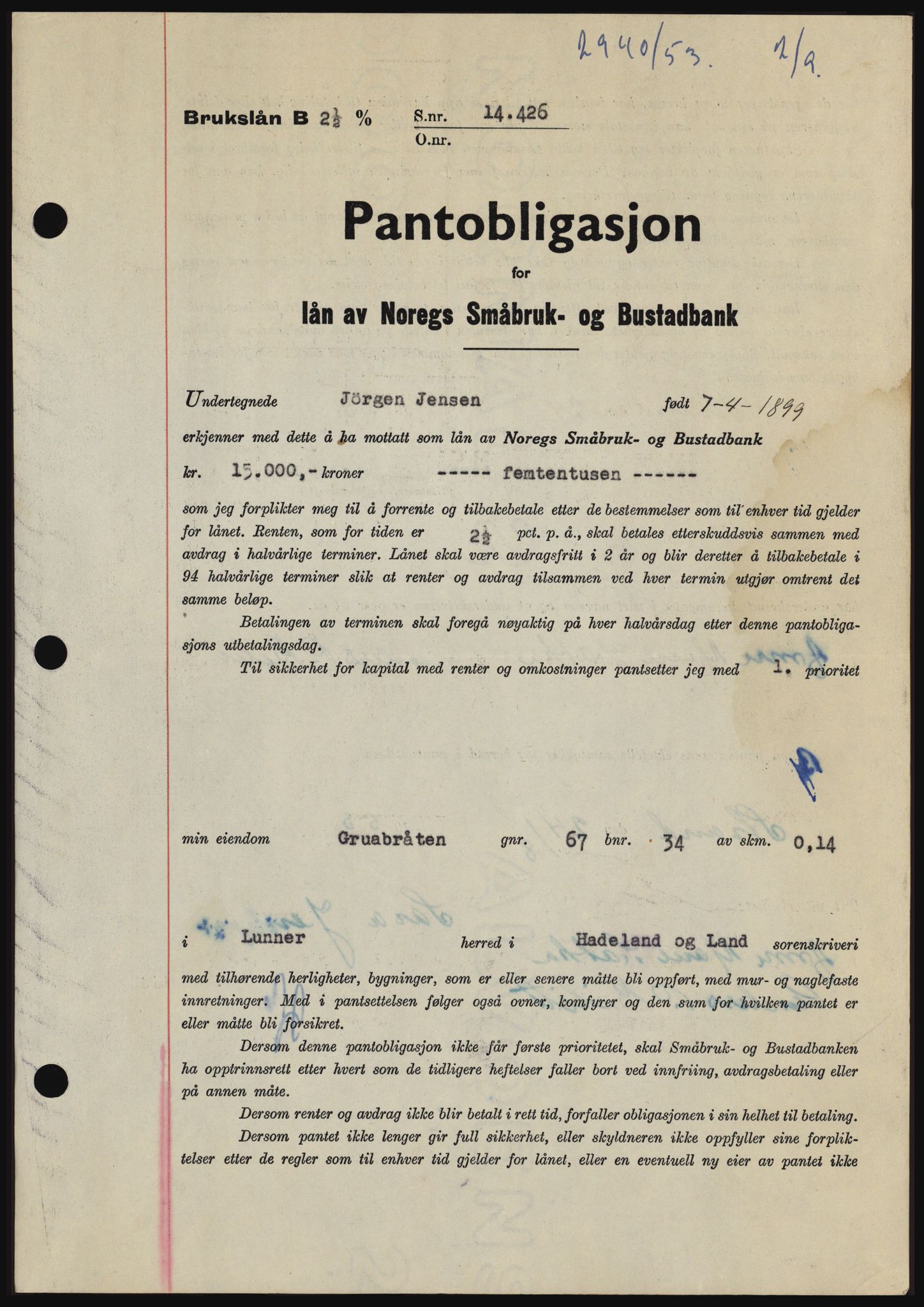 Hadeland og Land tingrett, SAH/TING-010/H/Hb/Hbc/L0027: Pantebok nr. B27, 1953-1953, Dagboknr: 2940/1953