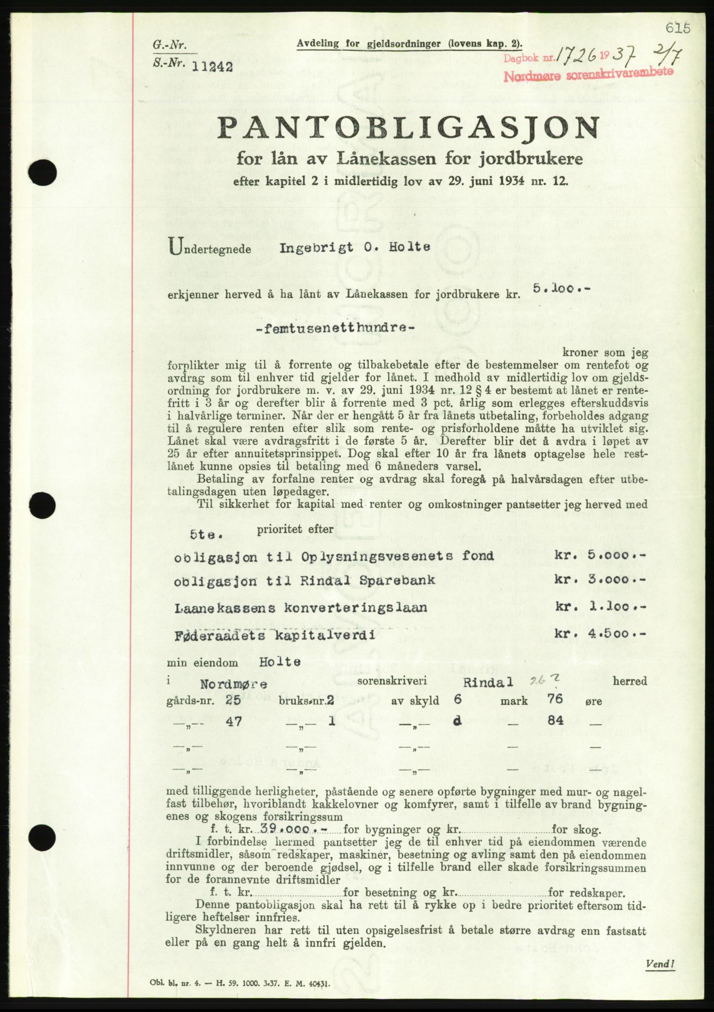 Nordmøre sorenskriveri, AV/SAT-A-4132/1/2/2Ca/L0091: Pantebok nr. B81, 1937-1937, Dagboknr: 1726/1937