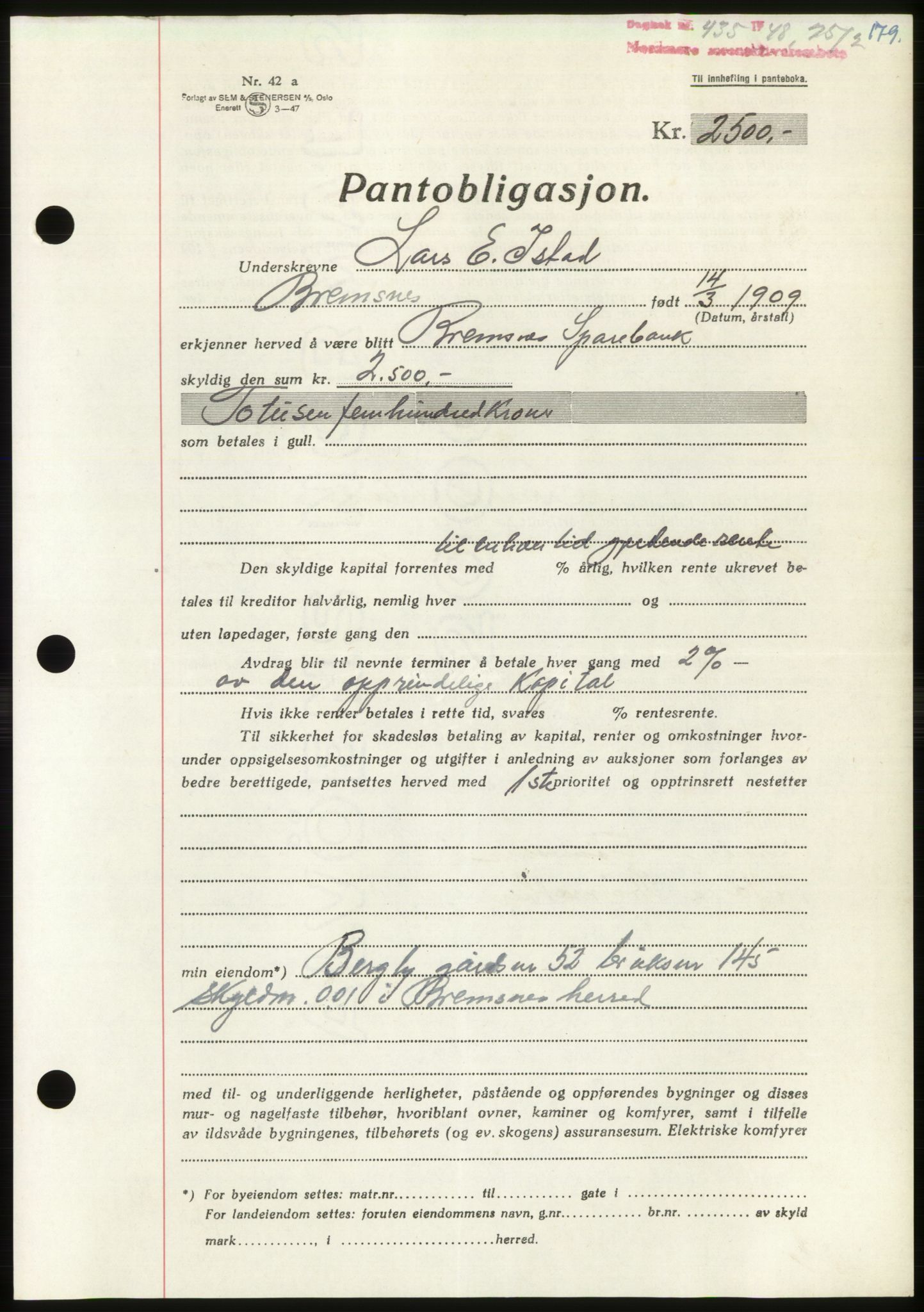 Nordmøre sorenskriveri, SAT/A-4132/1/2/2Ca: Pantebok nr. B98, 1948-1948, Dagboknr: 435/1948