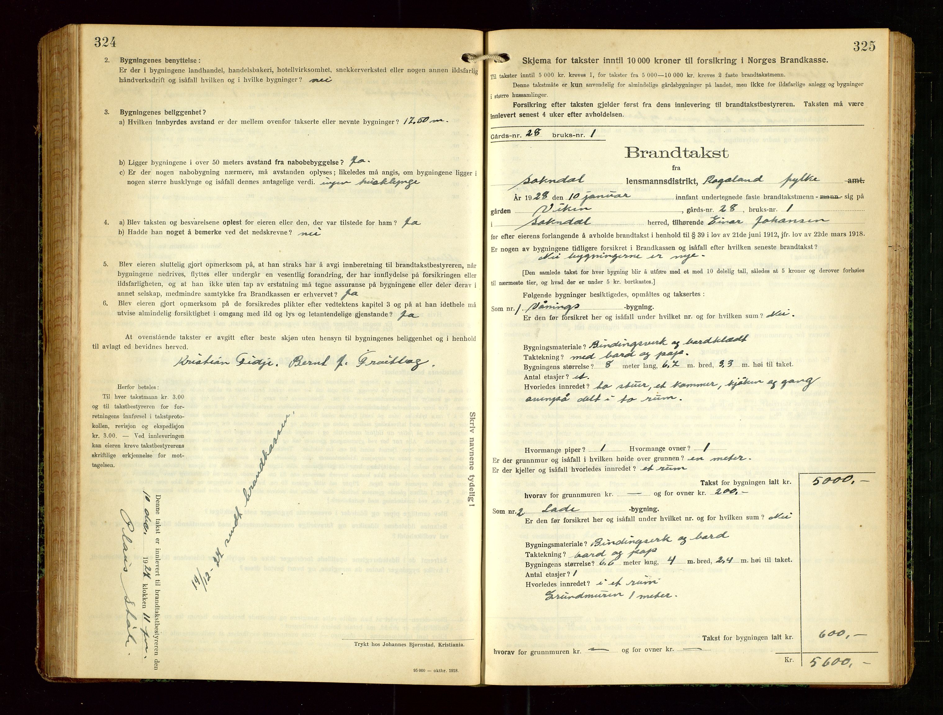 Sokndal lensmannskontor, SAST/A-100417/Gob/L0006: "Brandtakst-Protokol", 1924-1930, s. 324-325