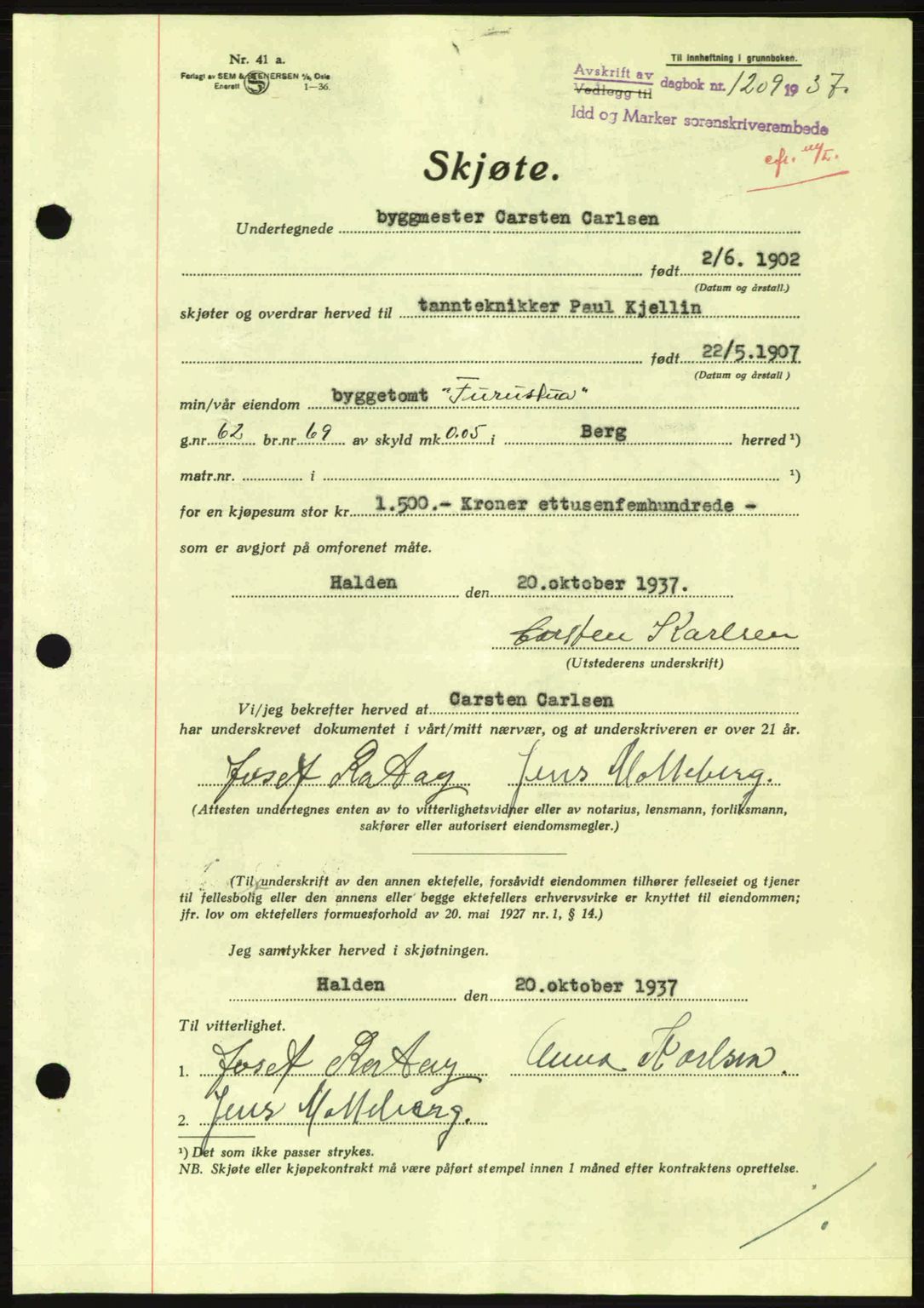 Idd og Marker sorenskriveri, AV/SAO-A-10283/G/Gb/Gbb/L0002: Pantebok nr. A2, 1937-1938, Dagboknr: 1209/1937