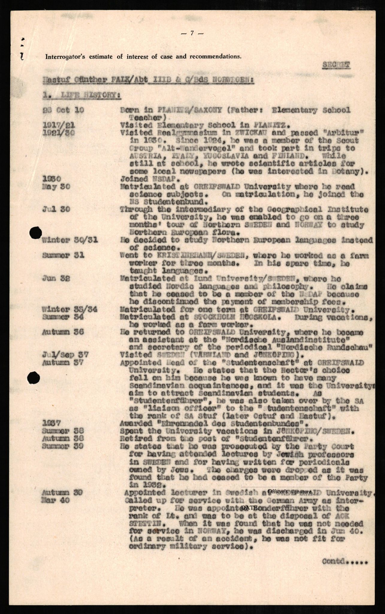 Forsvaret, Forsvarets overkommando II, RA/RAFA-3915/D/Db/L0007: CI Questionaires. Tyske okkupasjonsstyrker i Norge. Tyskere., 1945-1946, s. 413