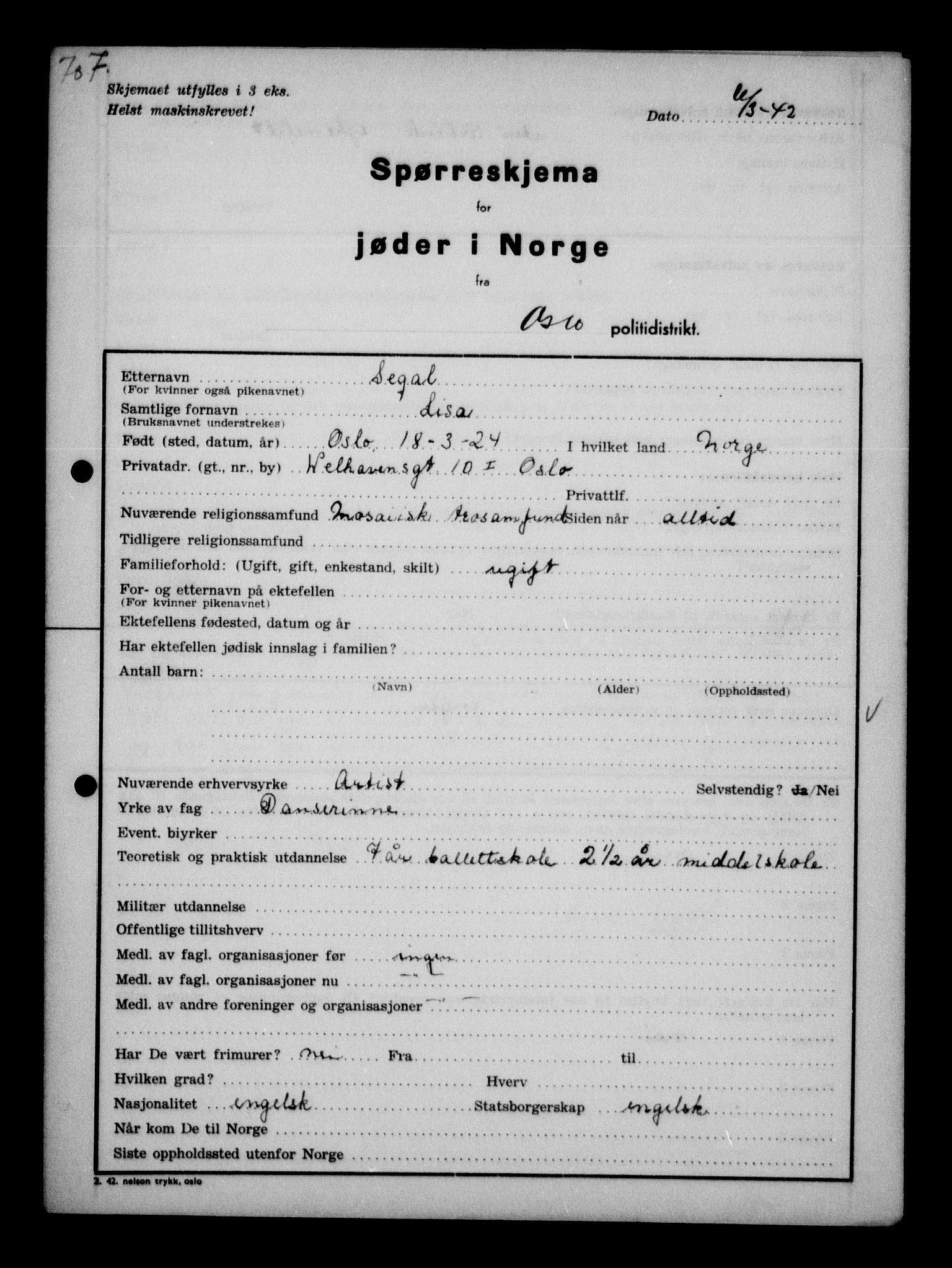 Statspolitiet - Hovedkontoret / Osloavdelingen, AV/RA-S-1329/G/Ga/L0011: Spørreskjema for jøder i Norge. 1: Oslo 610-806 (Plavnik-Zwillinger). 2: Aker 1-113 (Adler-Lewin). , 1942, s. 290