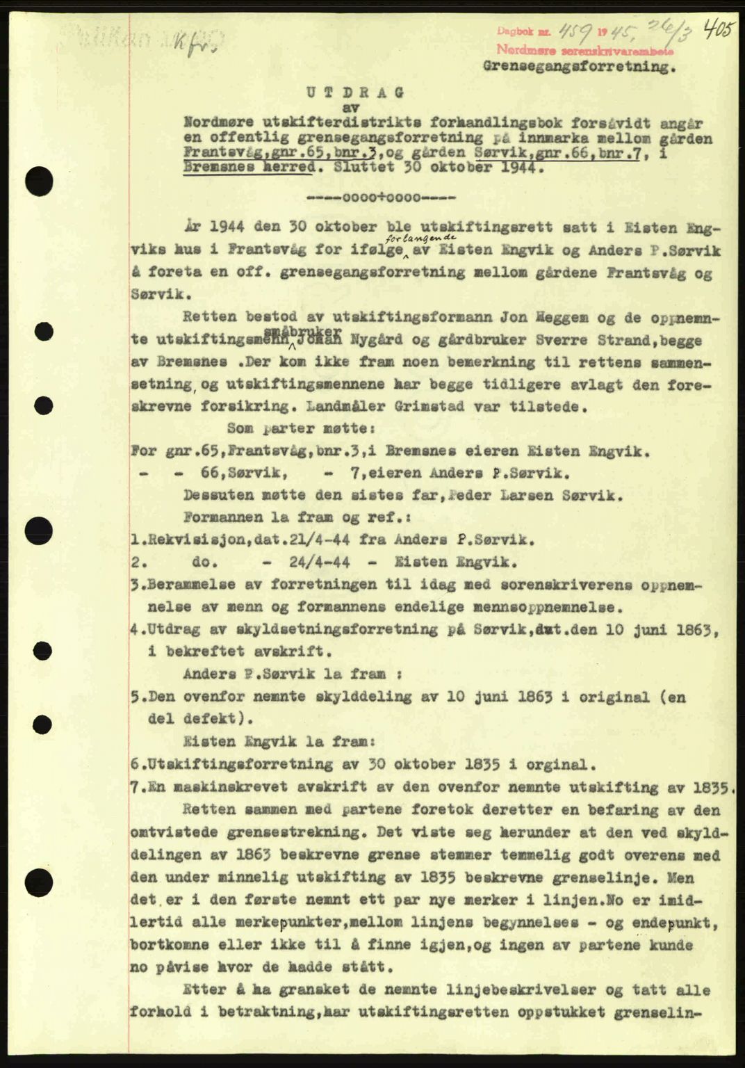 Nordmøre sorenskriveri, SAT/A-4132/1/2/2Ca: Pantebok nr. A99, 1945-1945, Dagboknr: 459/1945