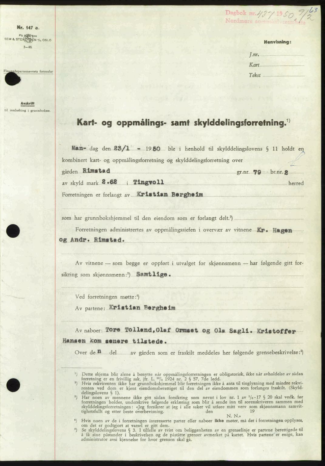 Nordmøre sorenskriveri, SAT/A-4132/1/2/2Ca: Pantebok nr. A114, 1950-1950, Dagboknr: 437/1950