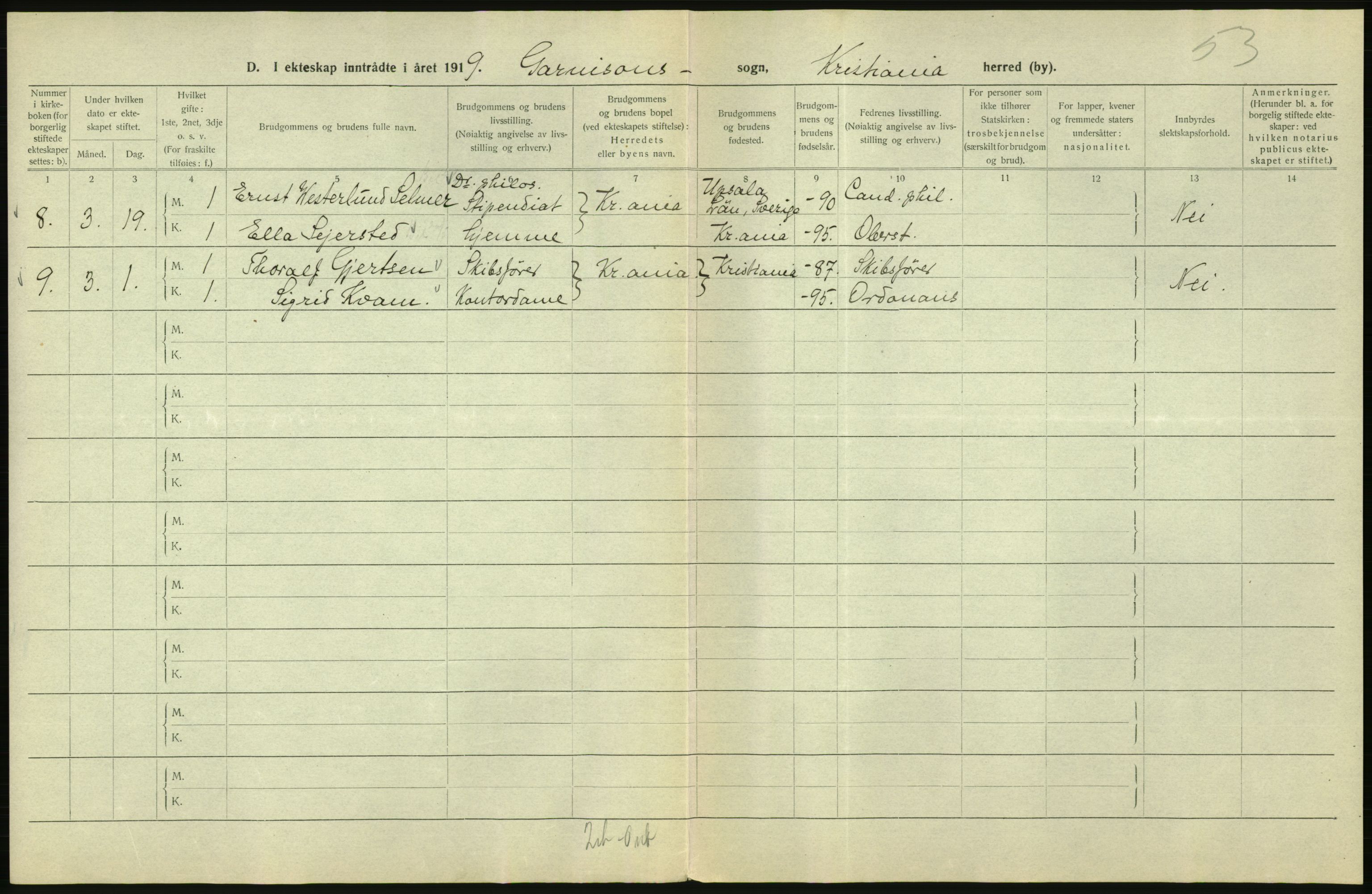 Statistisk sentralbyrå, Sosiodemografiske emner, Befolkning, AV/RA-S-2228/D/Df/Dfb/Dfbi/L0009: Kristiania: Gifte, 1919, s. 760