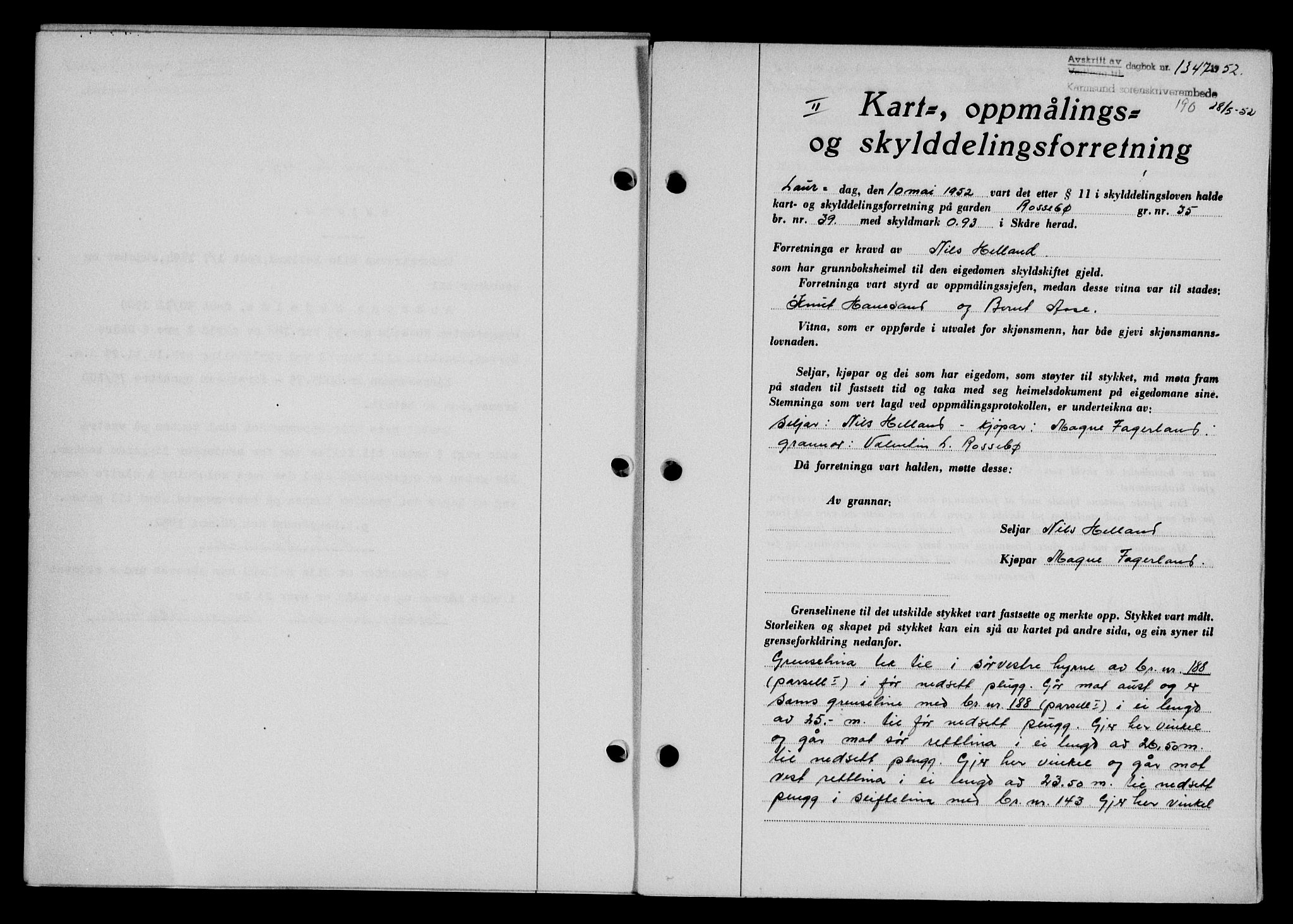 Karmsund sorenskriveri, SAST/A-100311/01/II/IIB/L0105: Pantebok nr. 85A, 1952-1952, Dagboknr: 1347/1952
