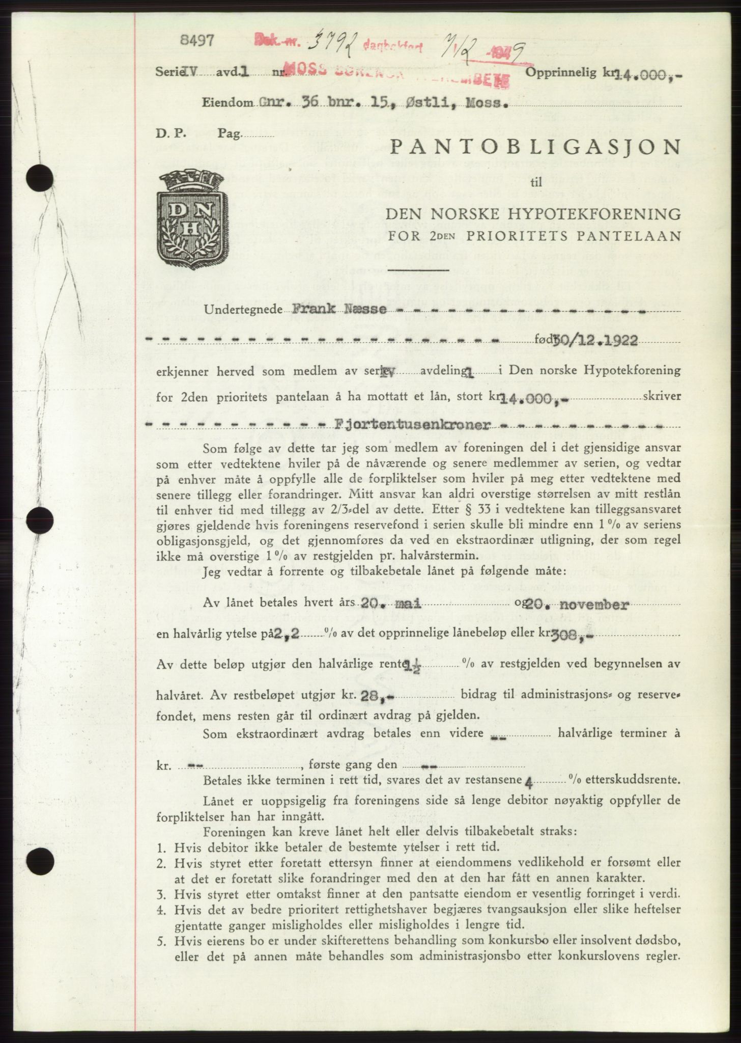 Moss sorenskriveri, SAO/A-10168: Pantebok nr. B23, 1949-1950, Dagboknr: 3792/1949