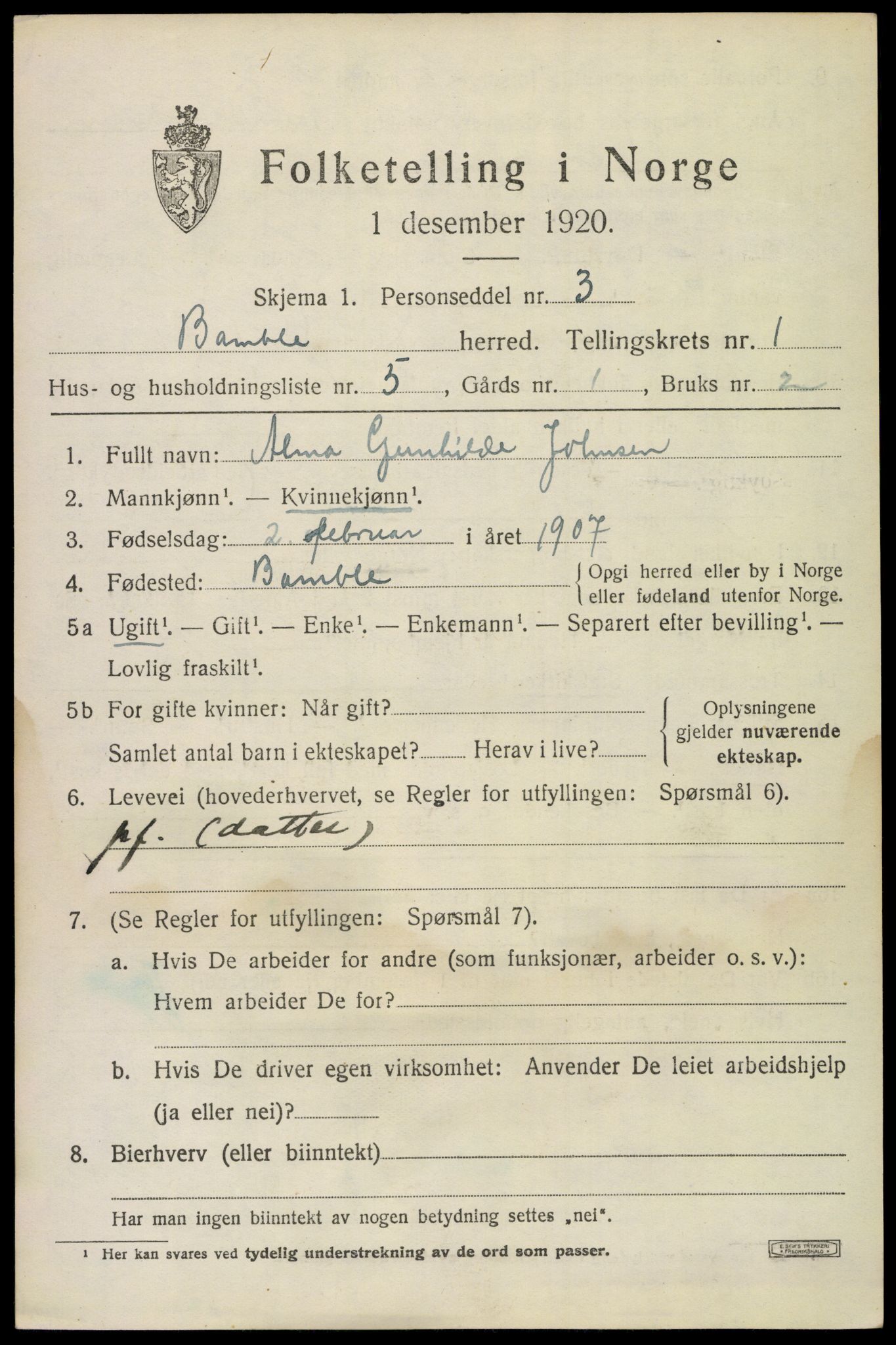 SAKO, Folketelling 1920 for 0814 Bamble herred, 1920, s. 2025