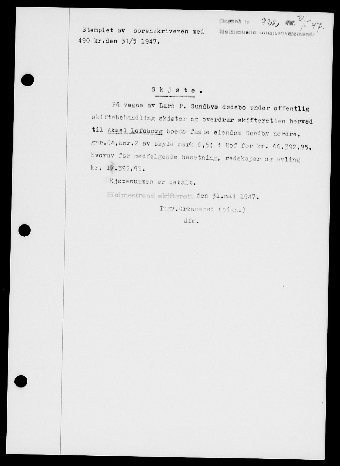 Holmestrand sorenskriveri, SAKO/A-67/G/Ga/Gaa/L0062: Pantebok nr. A-62, 1947-1947, Dagboknr: 922/1947