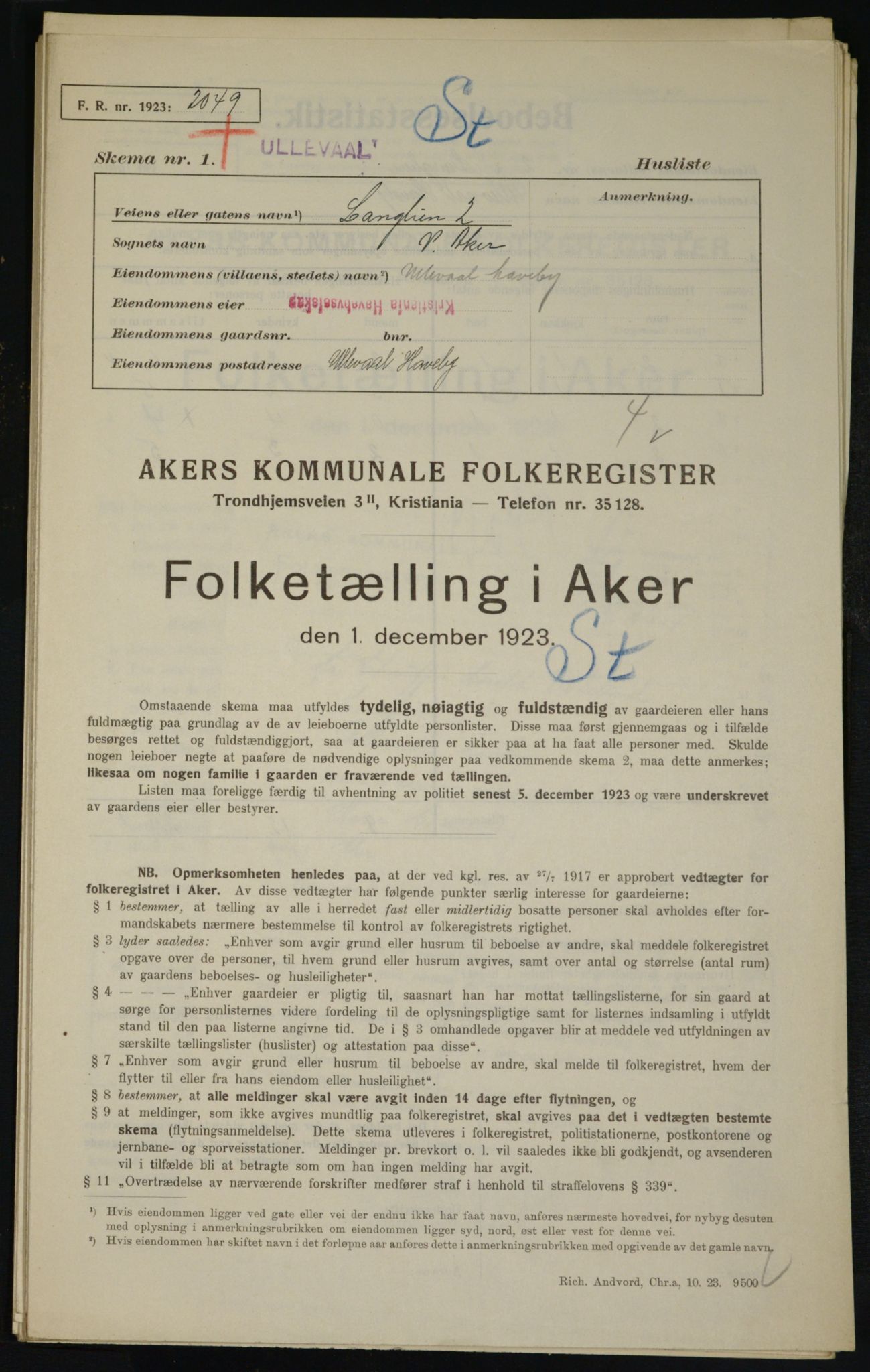 , Kommunal folketelling 1.12.1923 for Aker, 1923, s. 21249