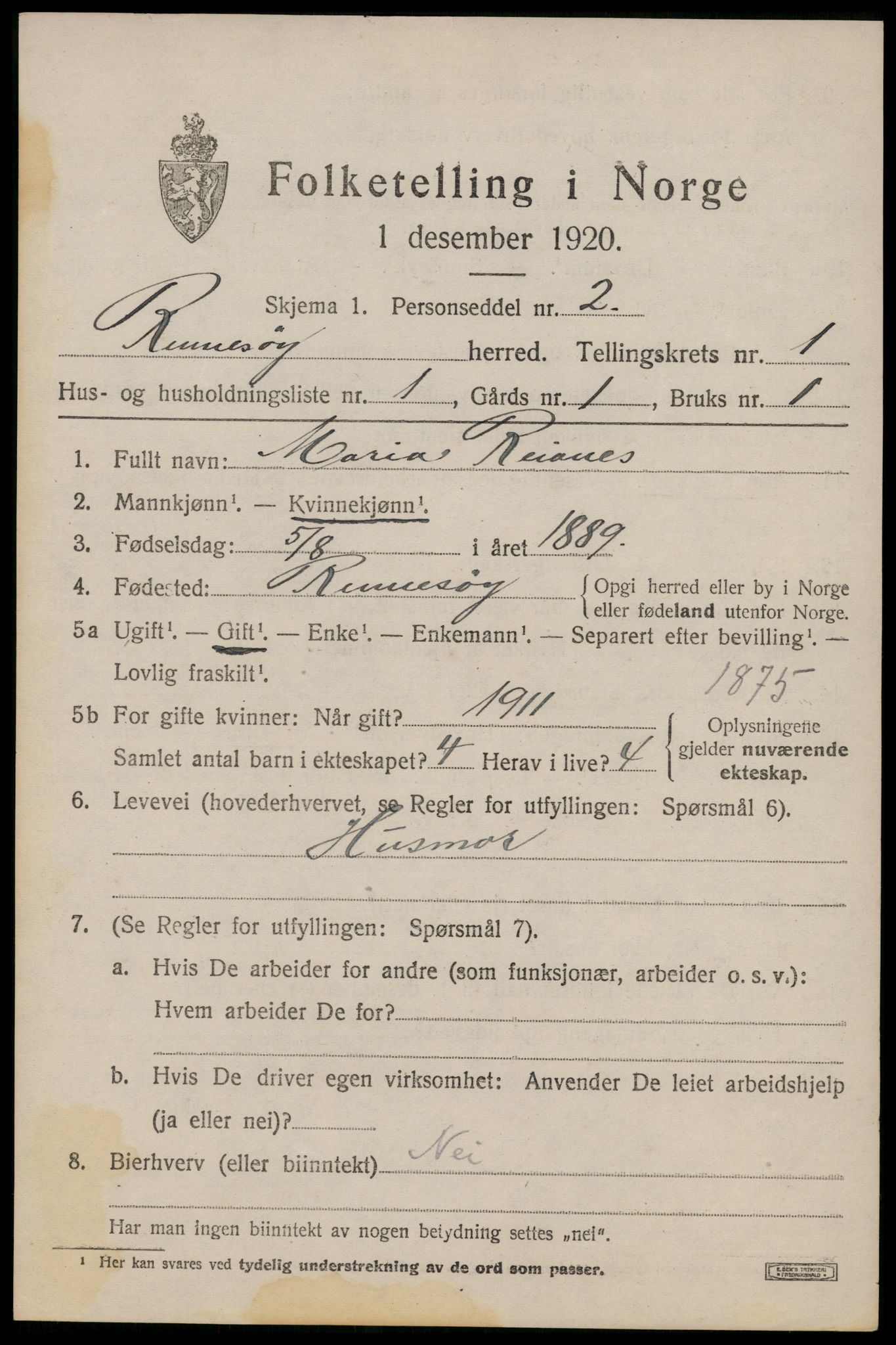SAST, Folketelling 1920 for 1142 Rennesøy herred, 1920, s. 410