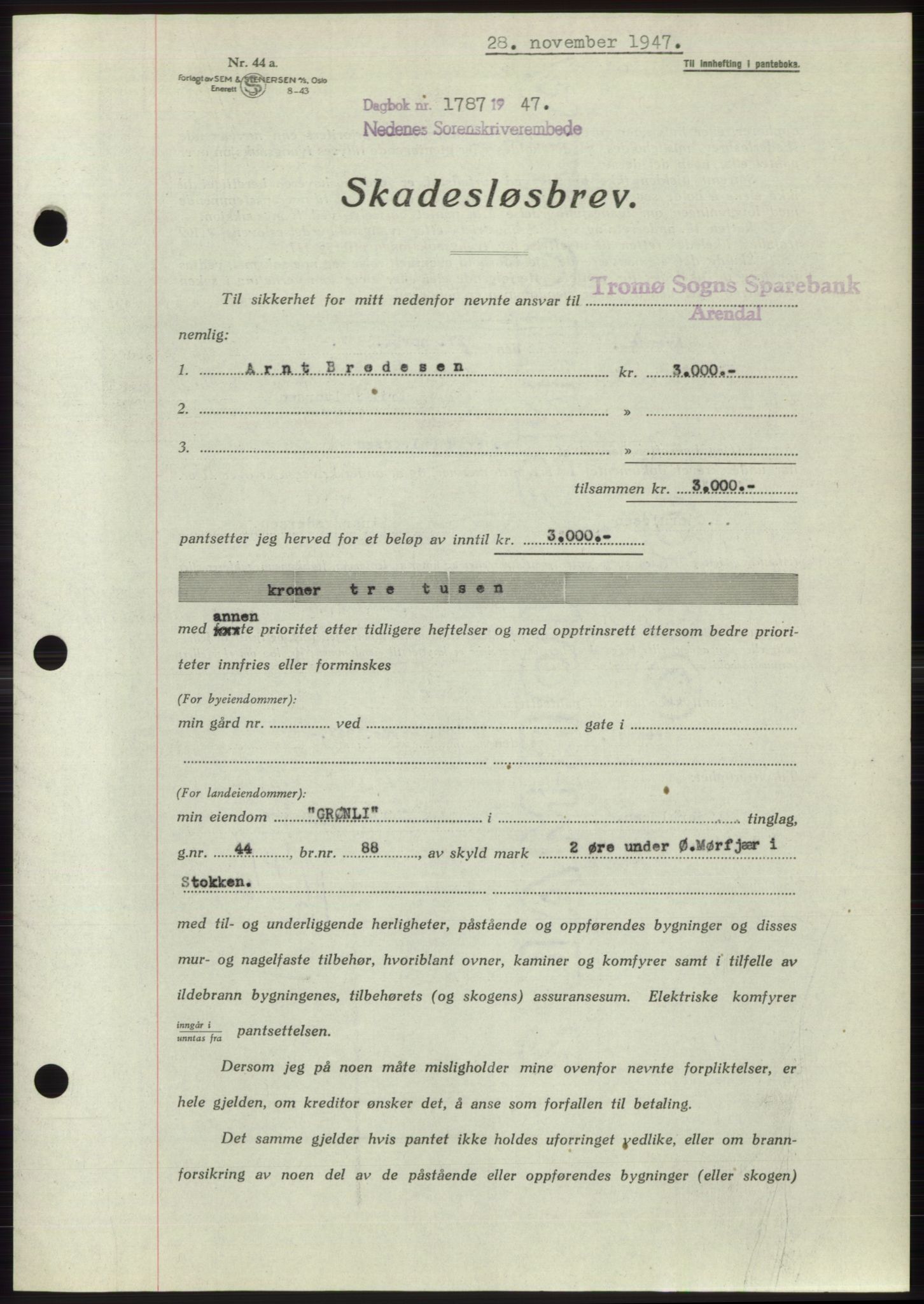 Nedenes sorenskriveri, SAK/1221-0006/G/Gb/Gbb/L0004: Pantebok nr. B4, 1947-1947, Dagboknr: 1787/1947