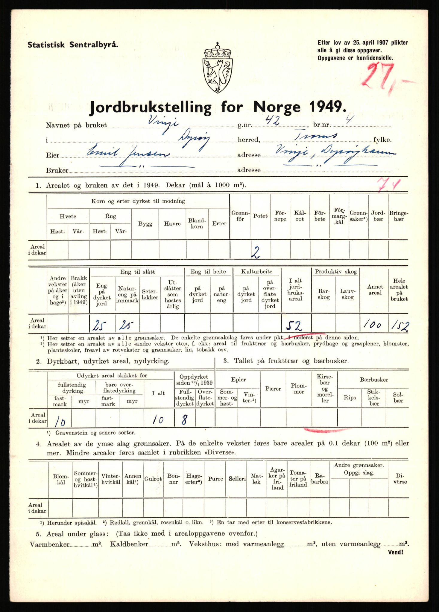 Statistisk sentralbyrå, Næringsøkonomiske emner, Jordbruk, skogbruk, jakt, fiske og fangst, AV/RA-S-2234/G/Gc/L0440: Troms: Sørreisa og Dyrøy, 1949, s. 1584