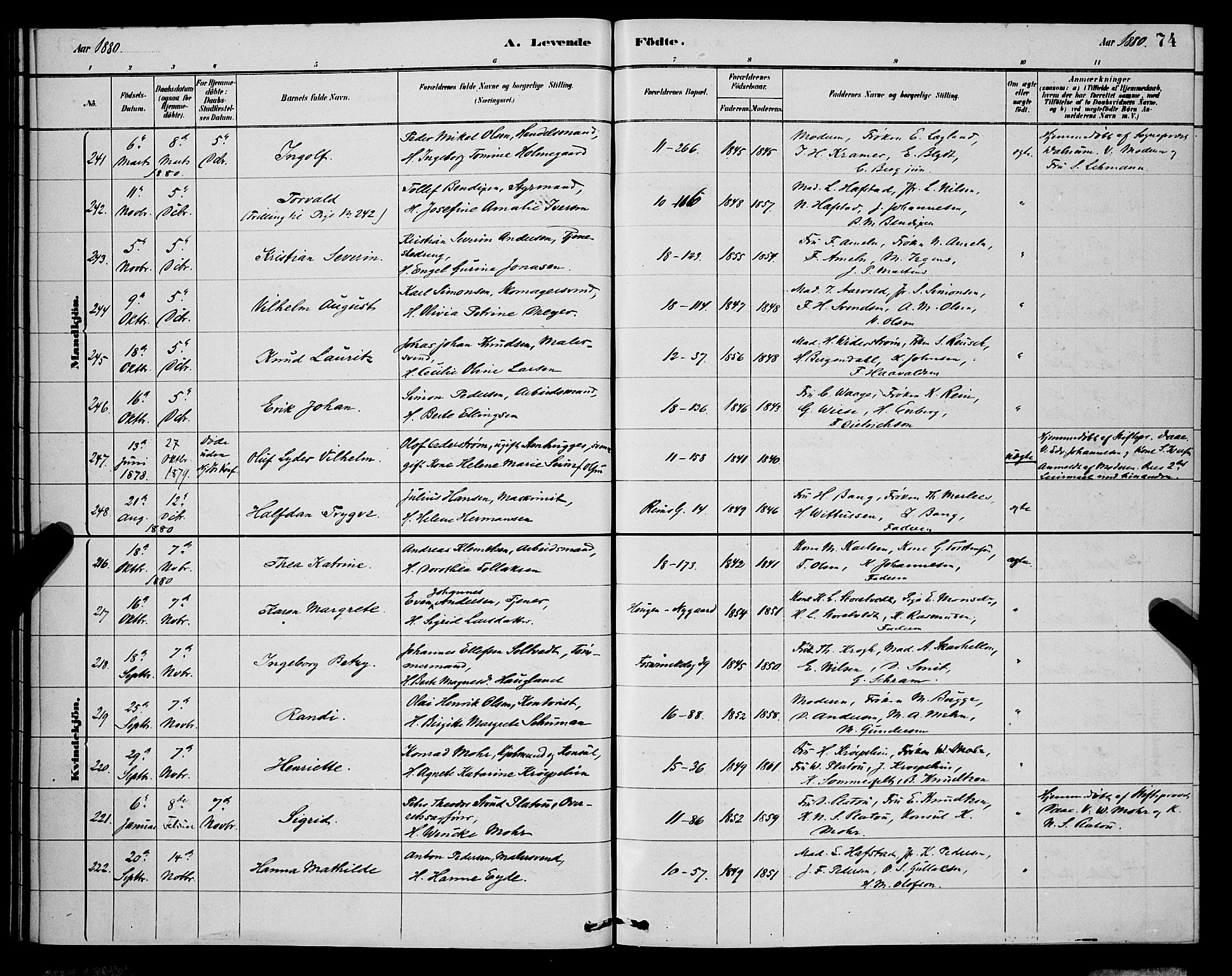 Domkirken sokneprestembete, AV/SAB-A-74801/H/Hab/L0015: Klokkerbok nr. B 8, 1879-1887, s. 74