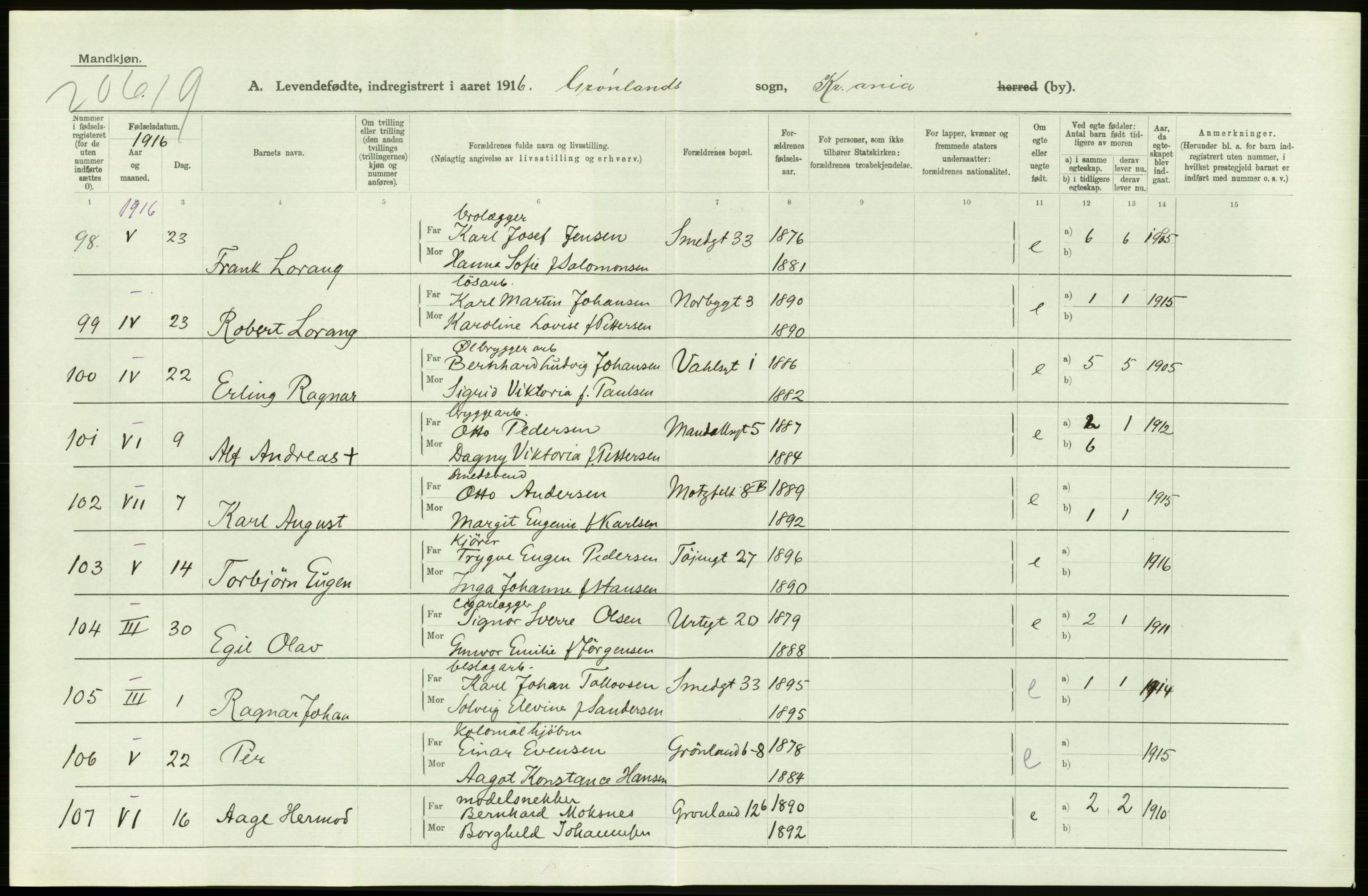 Statistisk sentralbyrå, Sosiodemografiske emner, Befolkning, RA/S-2228/D/Df/Dfb/Dfbf/L0007: Kristiania: Levendefødte menn og kvinner., 1916, s. 580