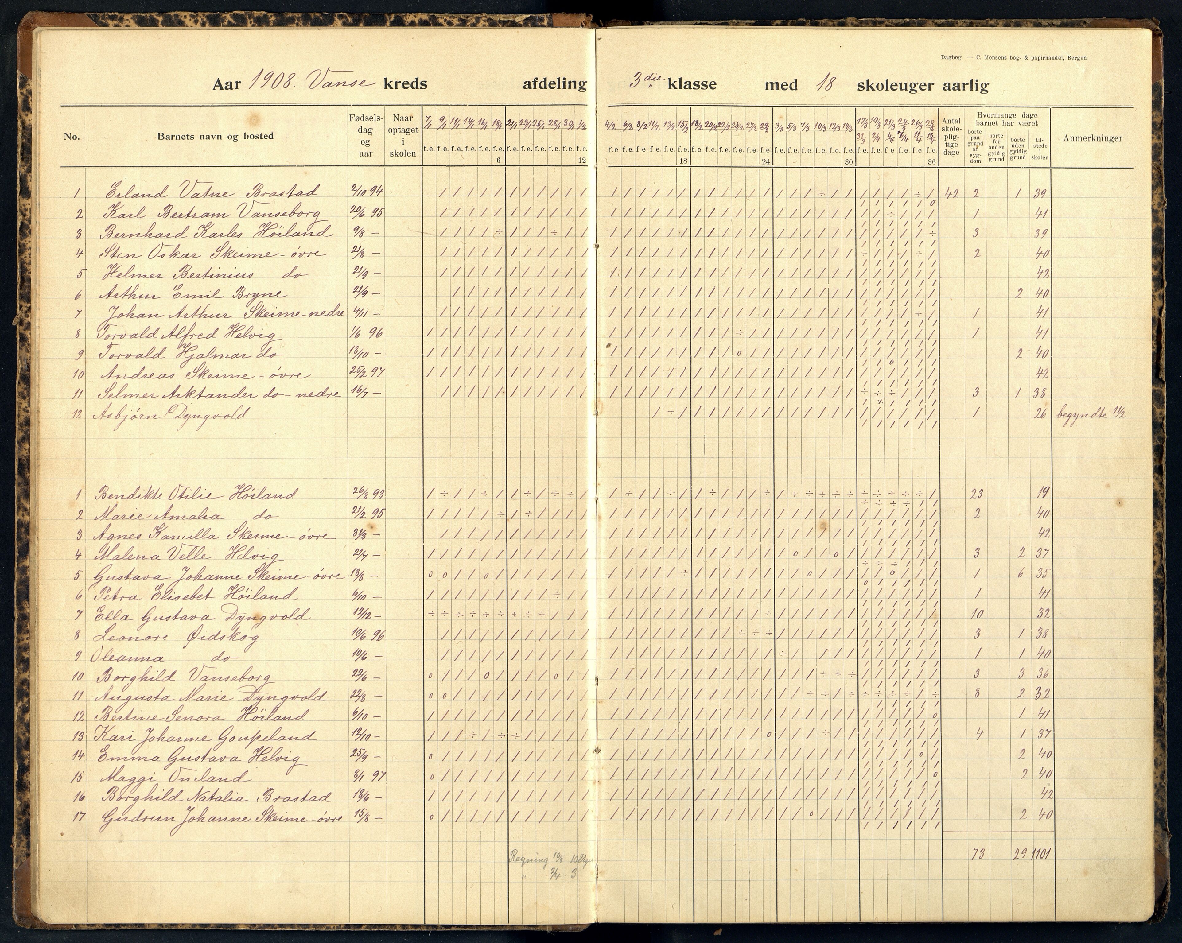 Lista kommune - Vanse Skole, ARKSOR/1003LI550/I/L0006: Dagbok, 1907-1923