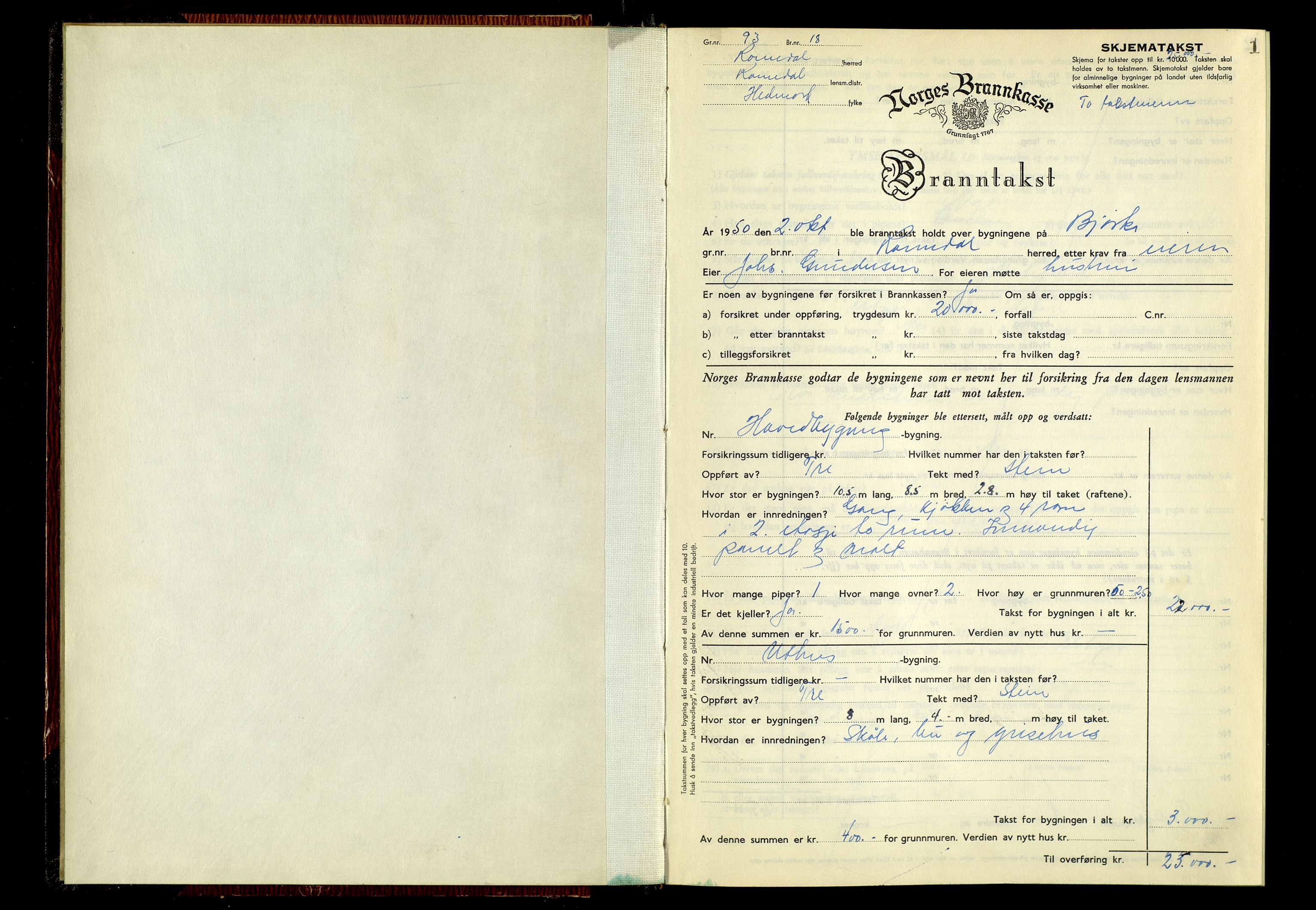 Norges Brannkasse, Romedal, SAH/NBRANR-008/F/L0005: Branntakstprotokoll, 1950-1953, s. 1