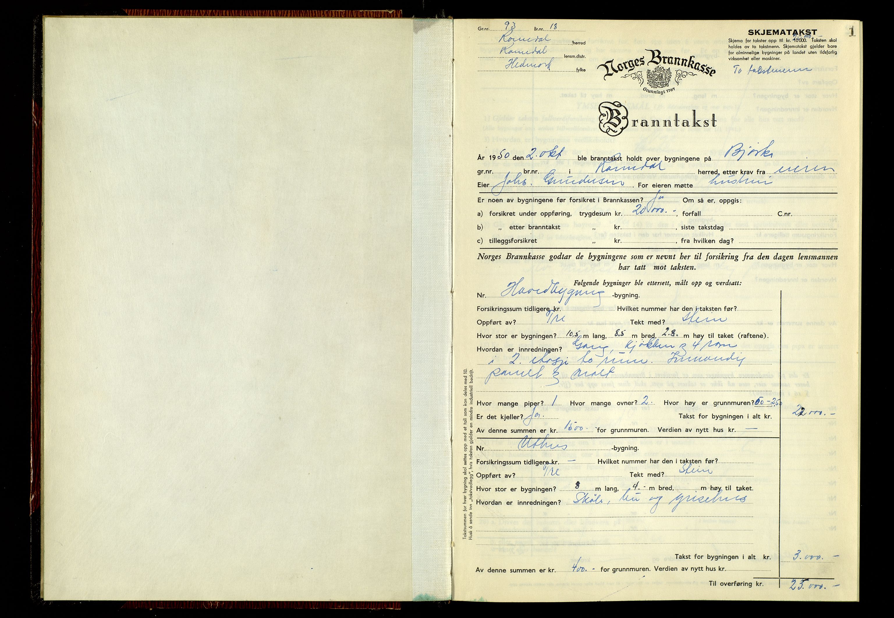 Norges Brannkasse, Romedal, AV/SAH-NBRANR-008/F/L0005: Branntakstprotokoll, 1950-1953, s. 1