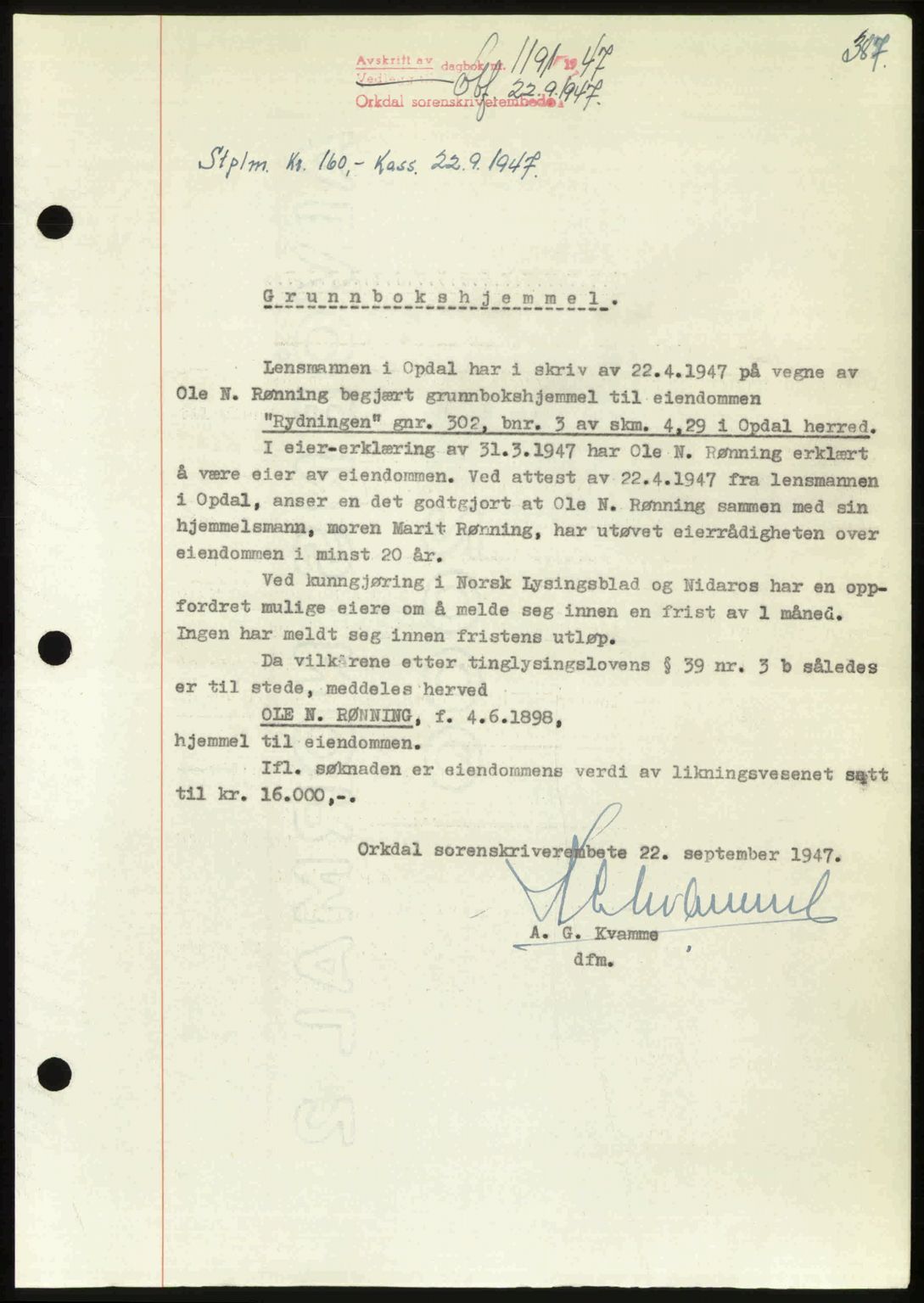 Orkdal sorenskriveri, SAT/A-4169/1/2/2C: Pantebok nr. A, 1947-1947, Dagboknr: 1191/1947