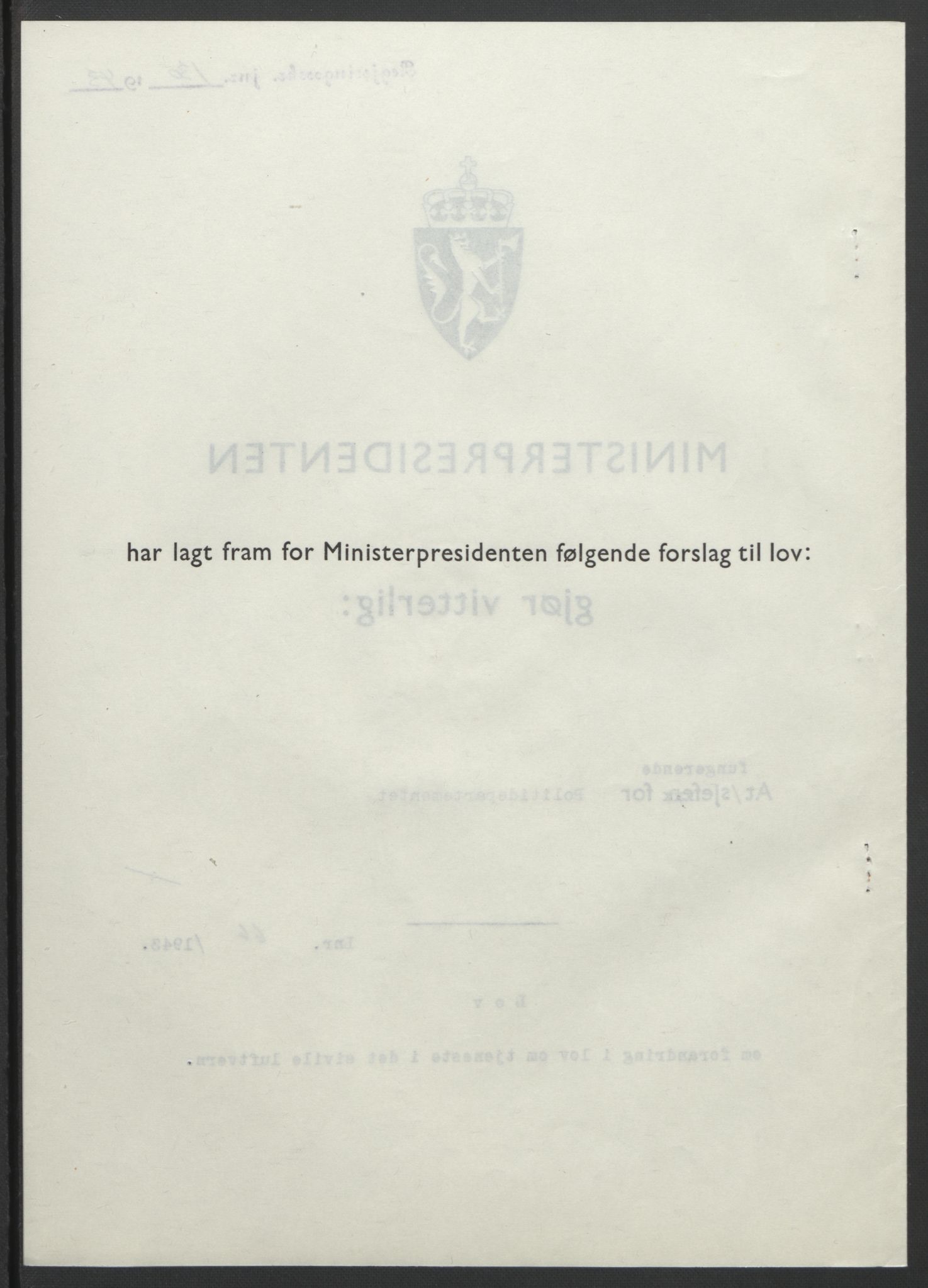 NS-administrasjonen 1940-1945 (Statsrådsekretariatet, de kommisariske statsråder mm), RA/S-4279/D/Db/L0099: Lover, 1943, s. 305