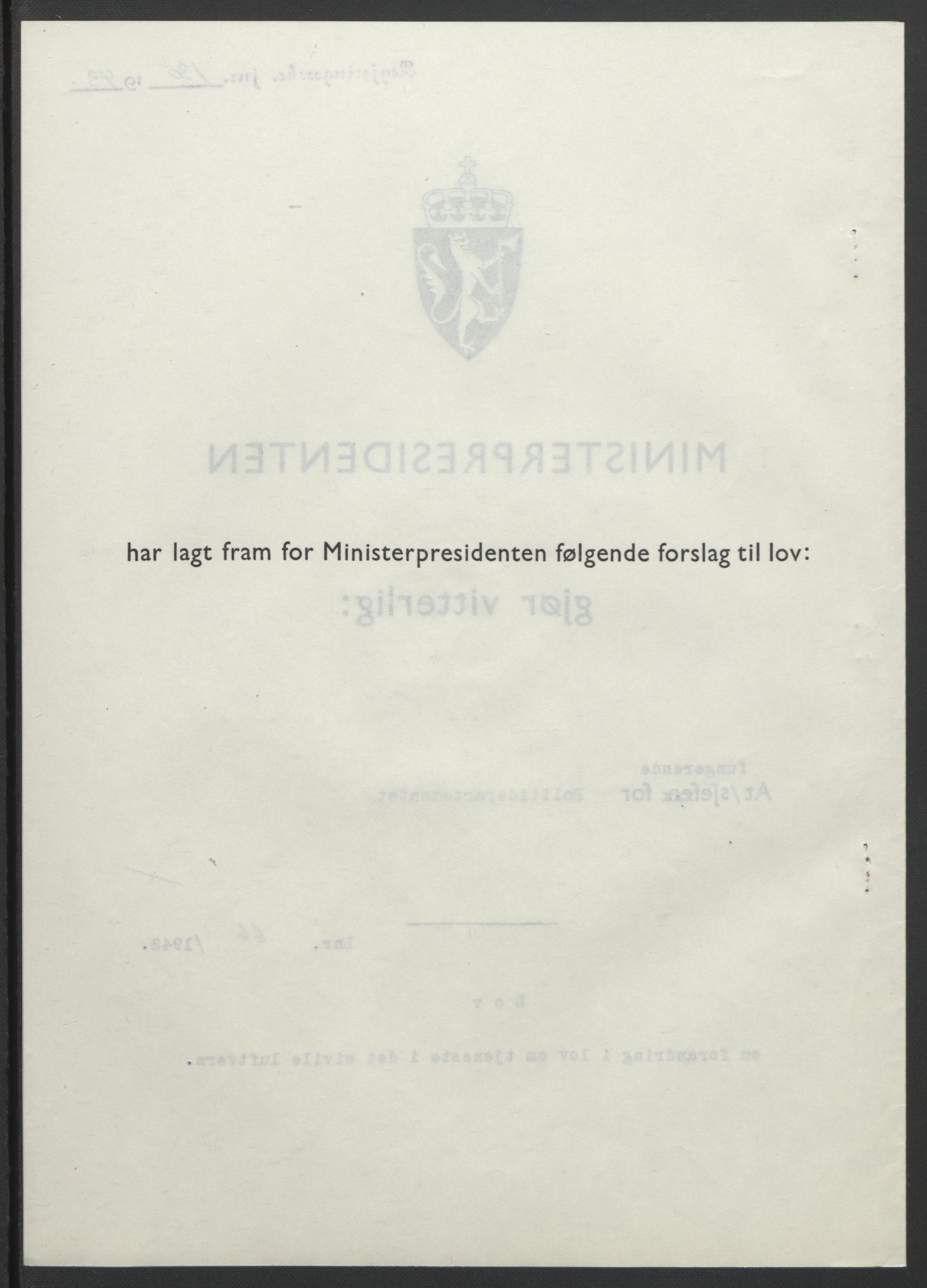 NS-administrasjonen 1940-1945 (Statsrådsekretariatet, de kommisariske statsråder mm), AV/RA-S-4279/D/Db/L0099: Lover, 1943, s. 305