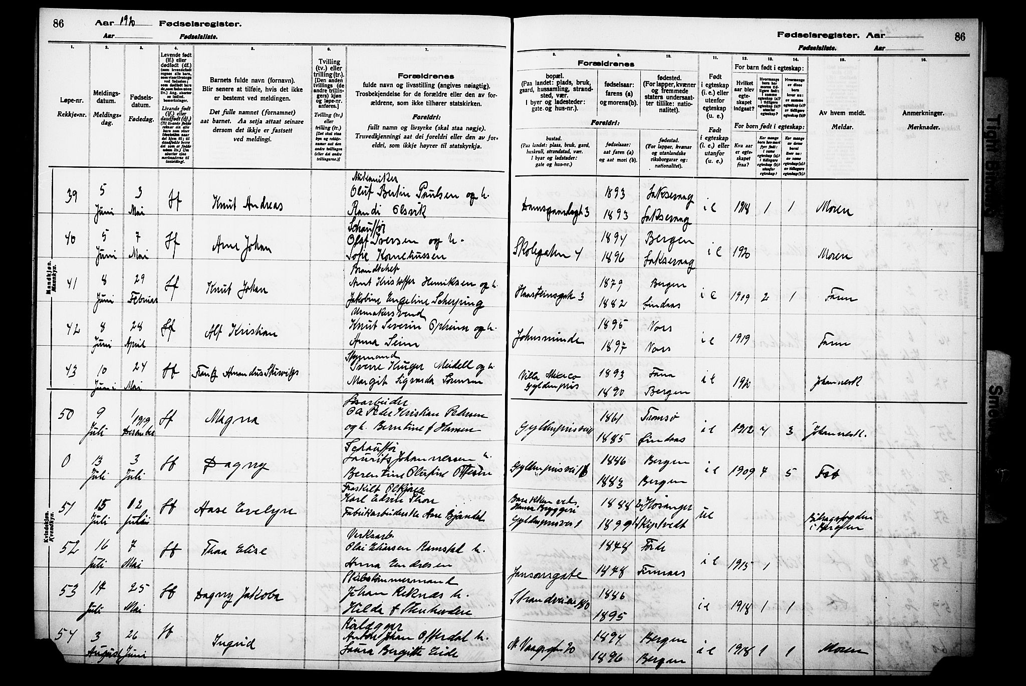 Laksevåg Sokneprestembete, AV/SAB-A-76501/I/Id/L00A1: Fødselsregister nr. A 1, 1916-1926, s. 86