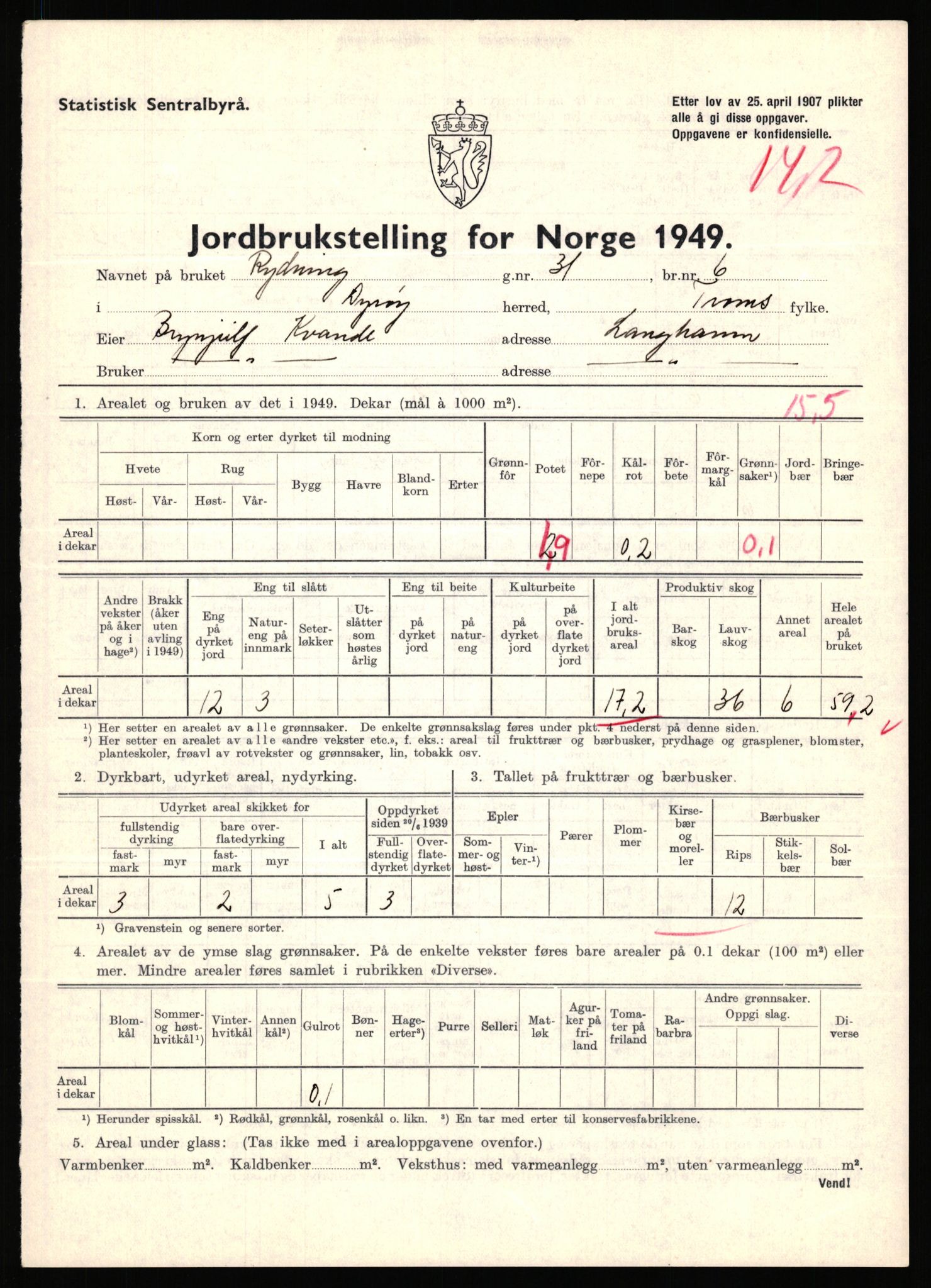 Statistisk sentralbyrå, Næringsøkonomiske emner, Jordbruk, skogbruk, jakt, fiske og fangst, AV/RA-S-2234/G/Gc/L0440: Troms: Sørreisa og Dyrøy, 1949, s. 1009