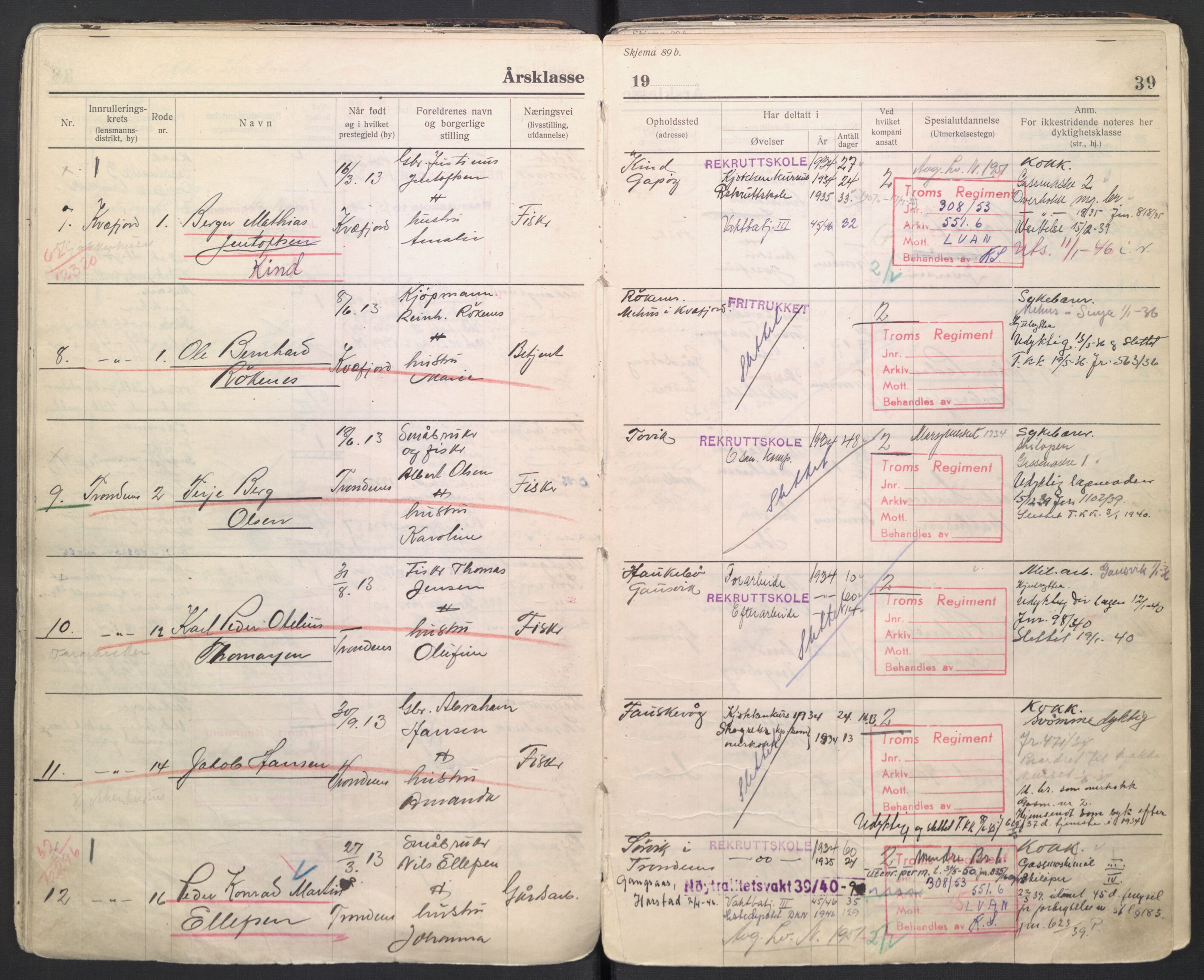 Forsvaret, Troms infanteriregiment nr. 16, AV/RA-RAFA-3146/P/Pa/L0006/0007: Ruller / Rulle for regimentets menige mannskaper, årsklasse 1934, 1934, s. 39