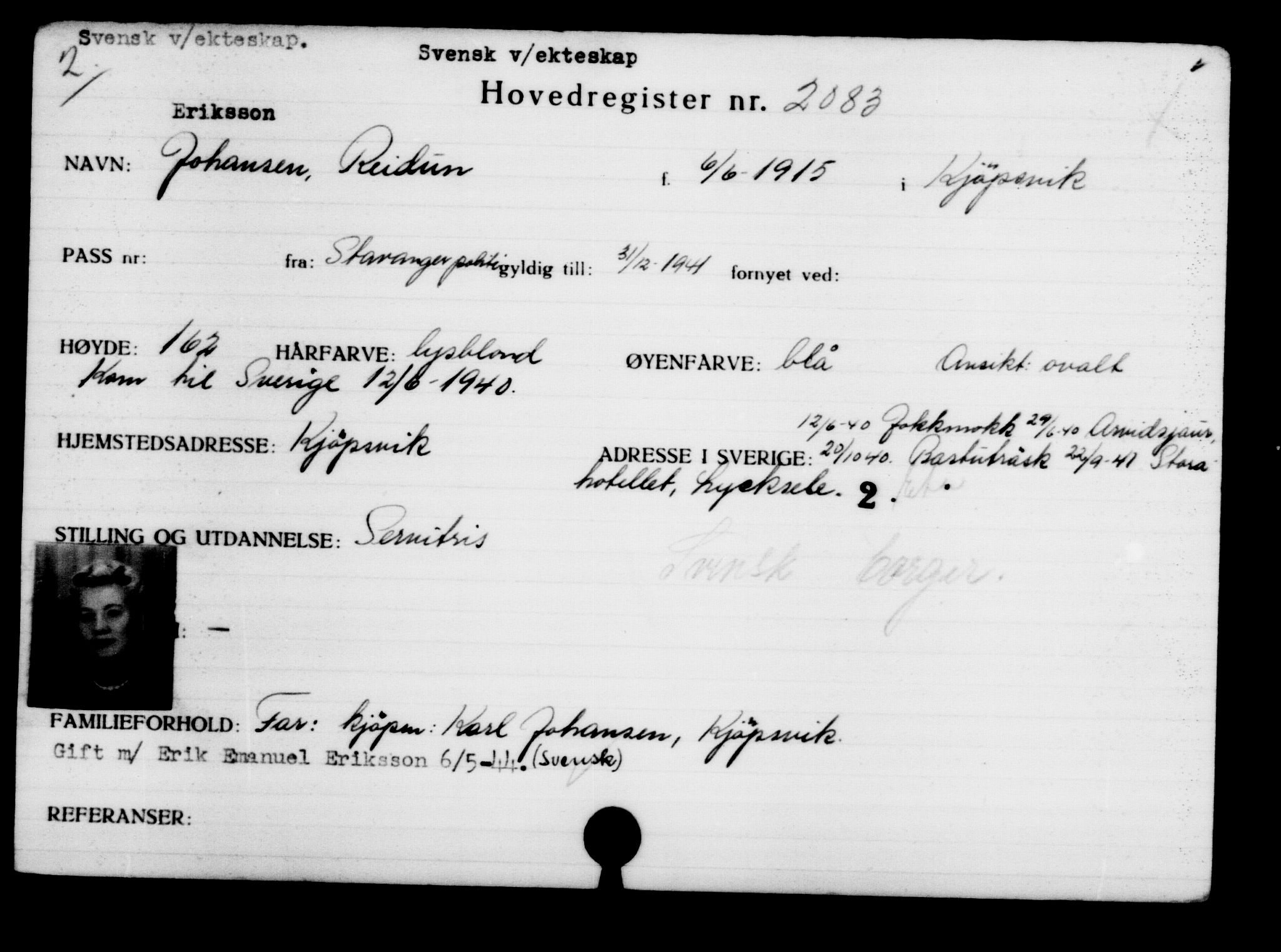Utenriksstasjonene, Legasjonen i Stockholm, Flyktningkontoret, AV/RA-S-6753/V/Va/L0003: Kjesäterkartoteket, flyktninger med registreringsnr. 2001-3495, 1940-1945, s. 111