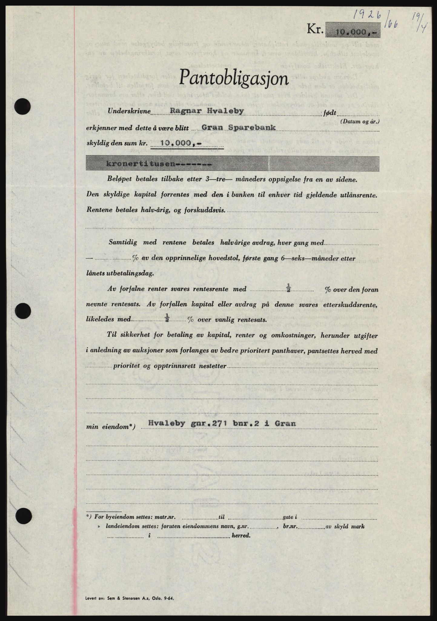 Hadeland og Land tingrett, SAH/TING-010/H/Hb/Hbc/L0062: Pantebok nr. B62, 1966-1966, Dagboknr: 1926/1966