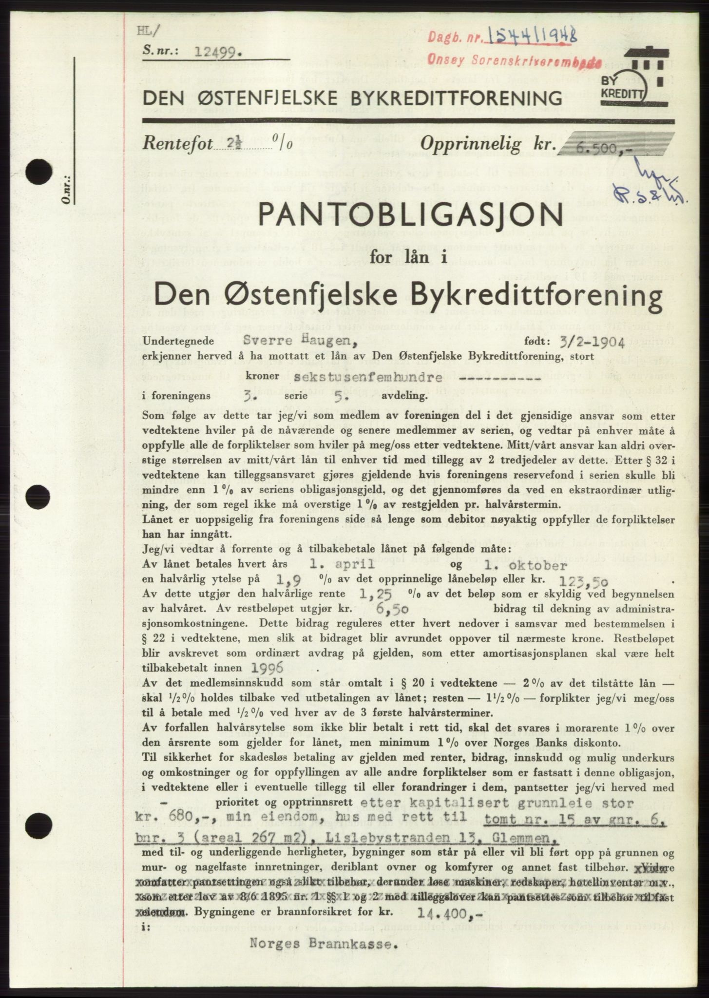 Onsøy sorenskriveri, SAO/A-10474/G/Ga/Gac/L0007: Pantebok nr. B 14-7, 1948-1948, Dagboknr: 1541/1948