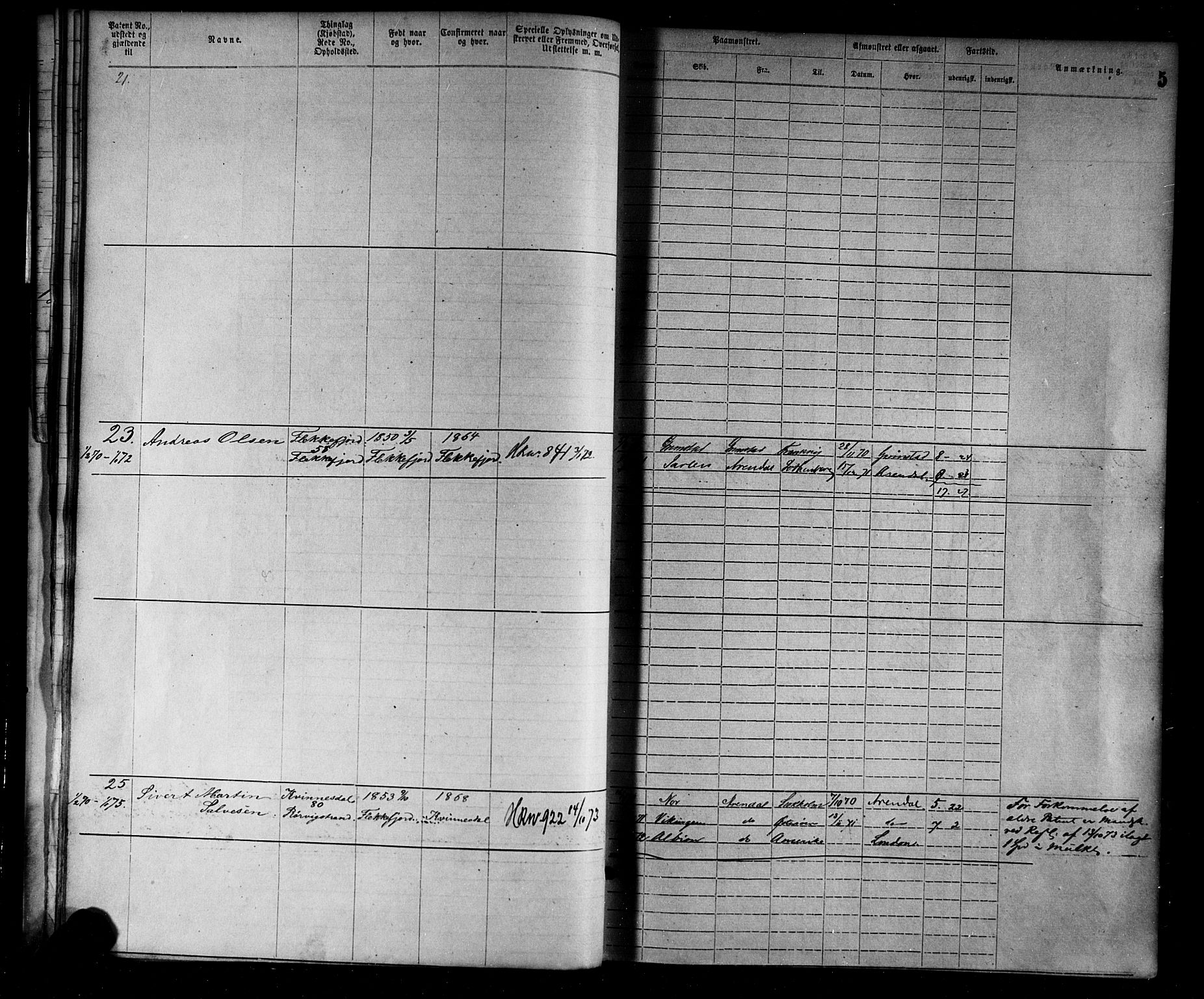 Flekkefjord mønstringskrets, AV/SAK-2031-0018/F/Fa/L0002: Annotasjonsrulle nr 1-1920 med register, N-2, 1870-1891, s. 25