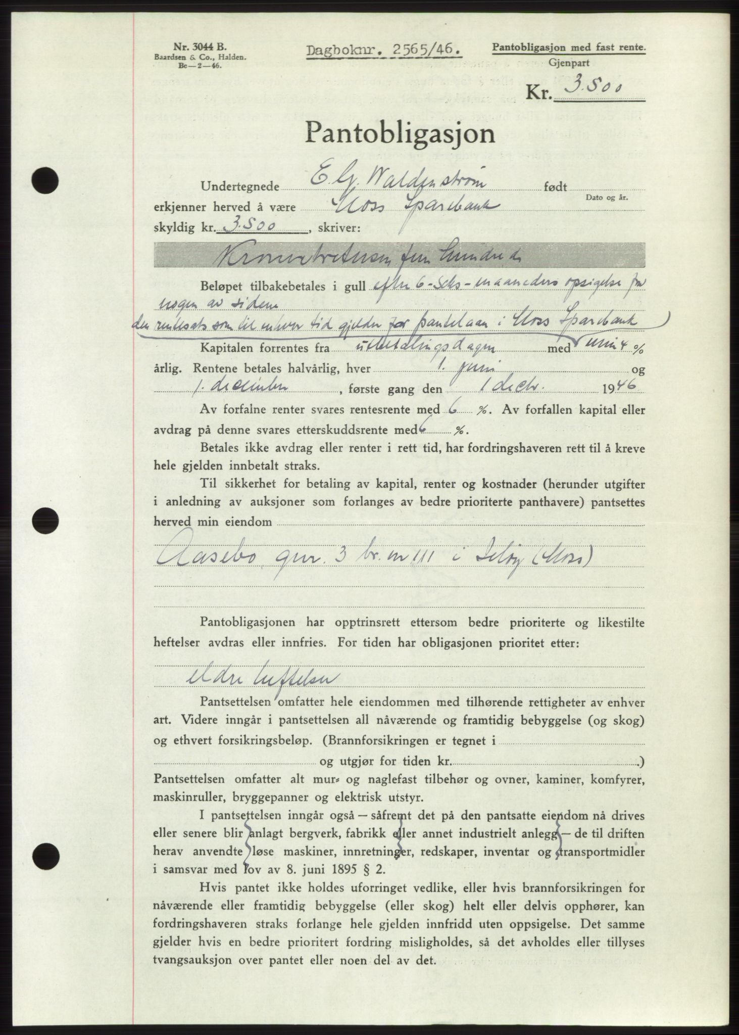 Moss sorenskriveri, SAO/A-10168: Pantebok nr. B16, 1946-1947, Dagboknr: 2565/1946