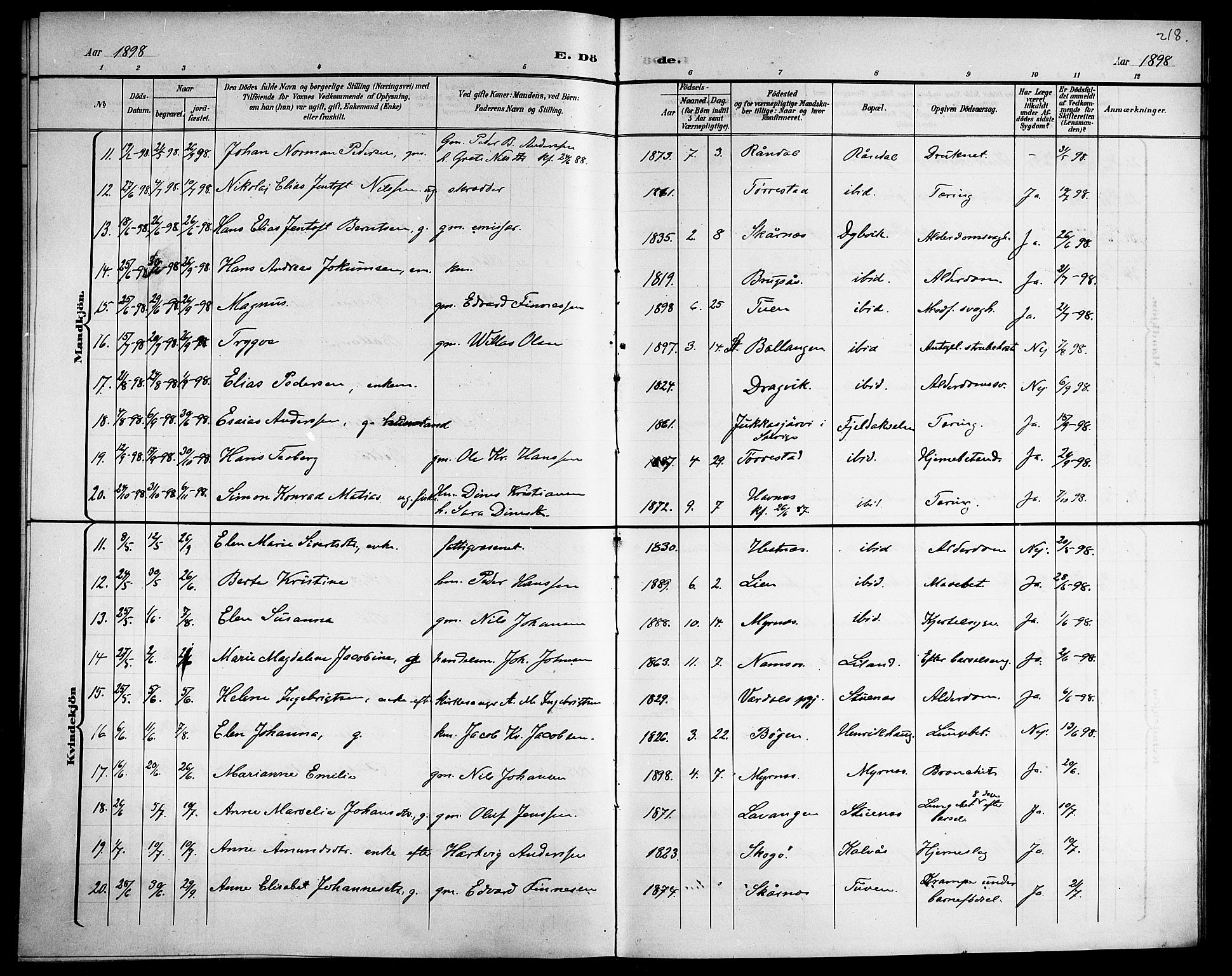 Ministerialprotokoller, klokkerbøker og fødselsregistre - Nordland, SAT/A-1459/863/L0915: Klokkerbok nr. 863C05, 1898-1907, s. 218