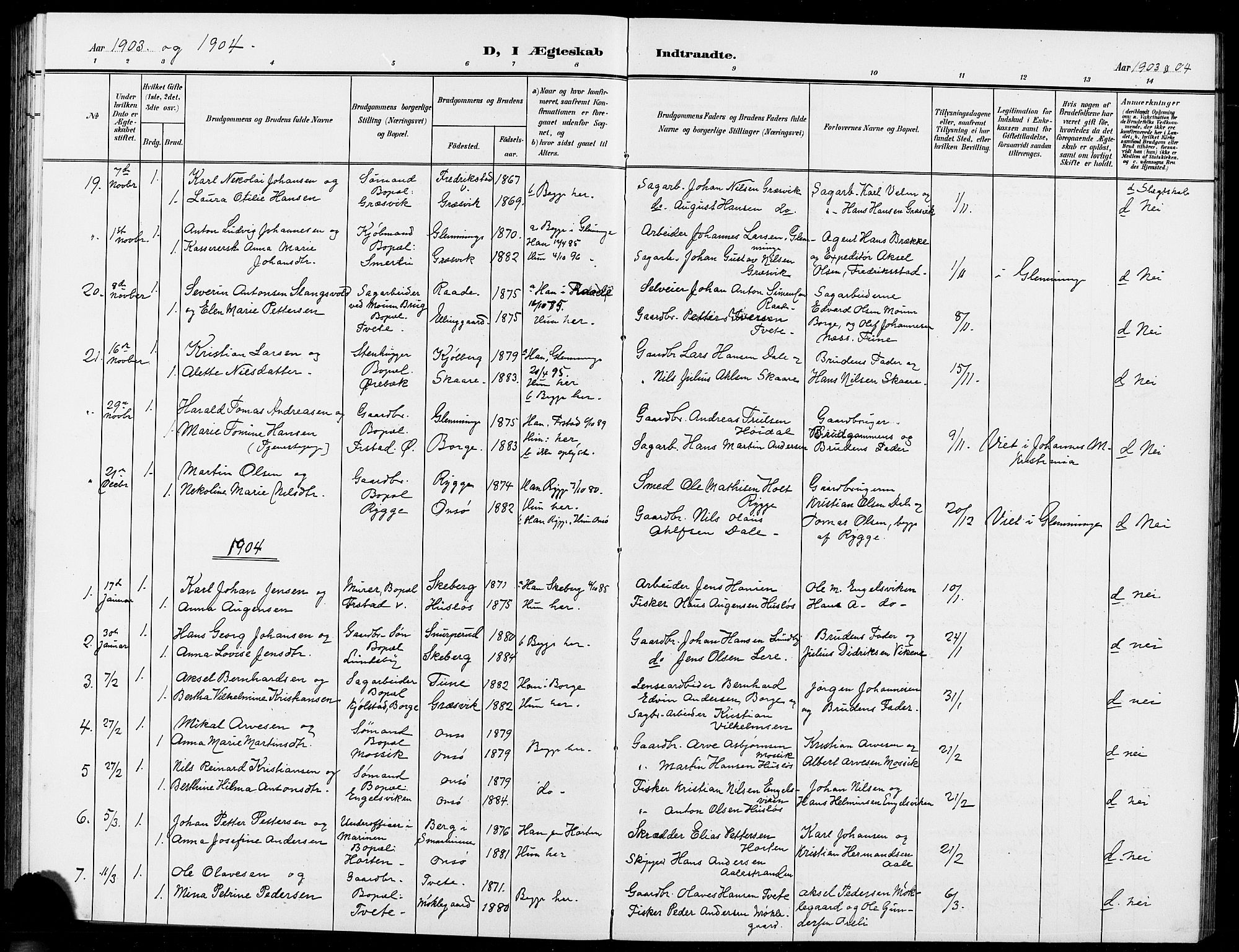 Onsøy prestekontor Kirkebøker, AV/SAO-A-10914/G/Ga/L0002: Klokkerbok nr. I 2, 1903-1909