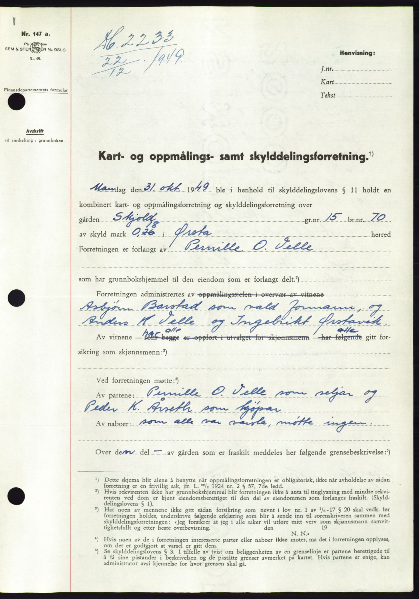 Søre Sunnmøre sorenskriveri, SAT/A-4122/1/2/2C/L0085: Pantebok nr. 11A, 1949-1949, Dagboknr: 2233/1949
