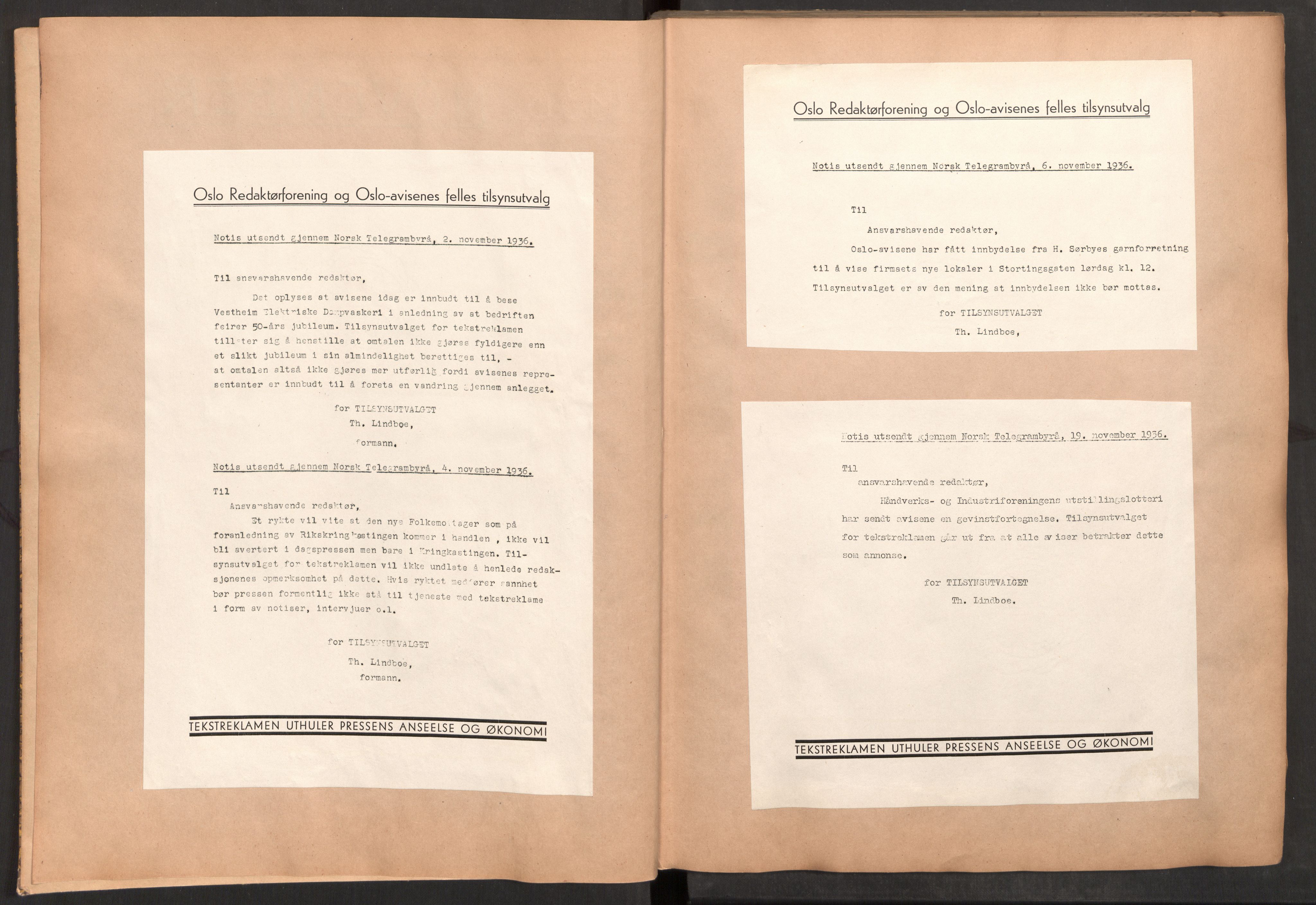 Tekstreklameutvalget, AV/RA-PA-0854/A/Aa/L0009: Meldinger til avisene, avisutklipp stemplet med den røde hånd, 1936-1938