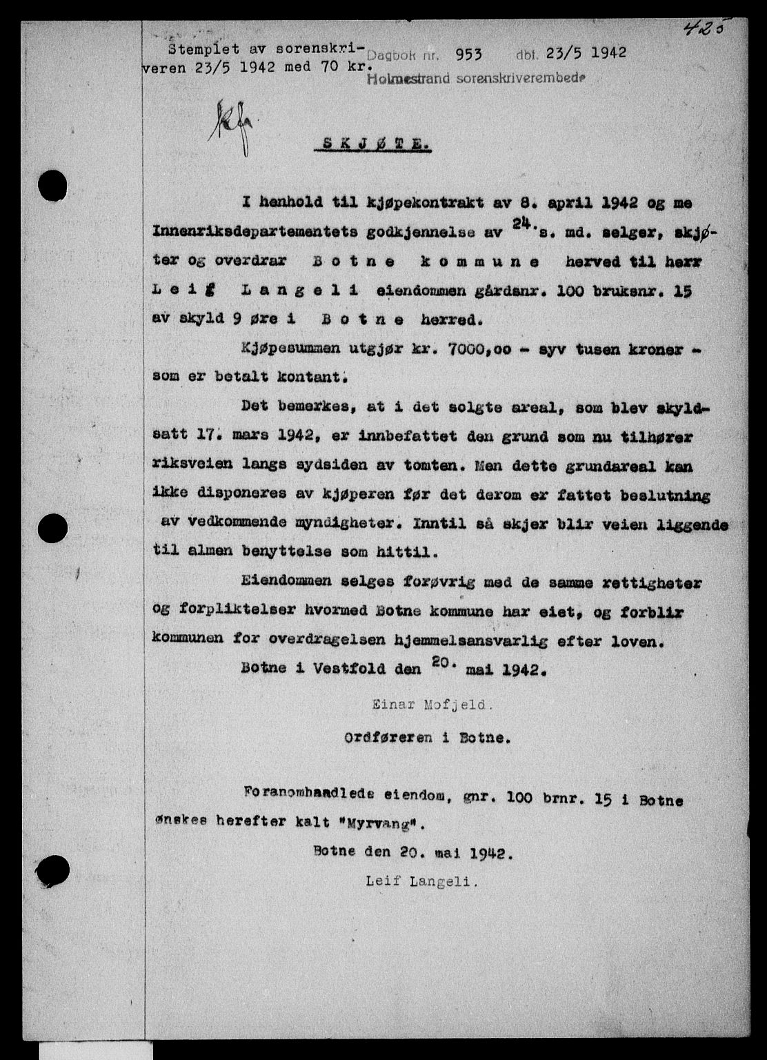 Holmestrand sorenskriveri, SAKO/A-67/G/Ga/Gaa/L0055: Pantebok nr. A-55, 1942-1942, Dagboknr: 953/1942