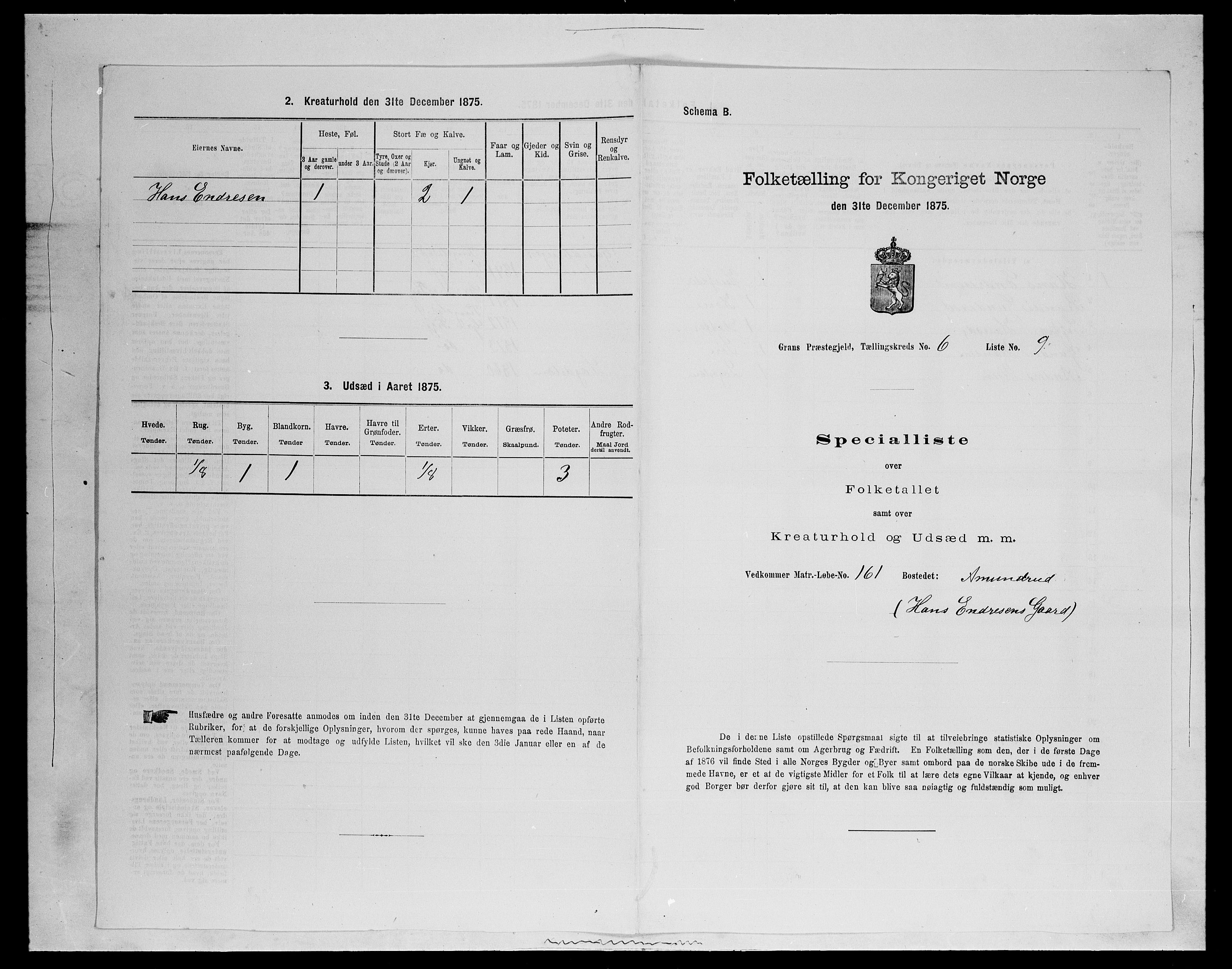 SAH, Folketelling 1875 for 0534P Gran prestegjeld, 1875, s. 1037